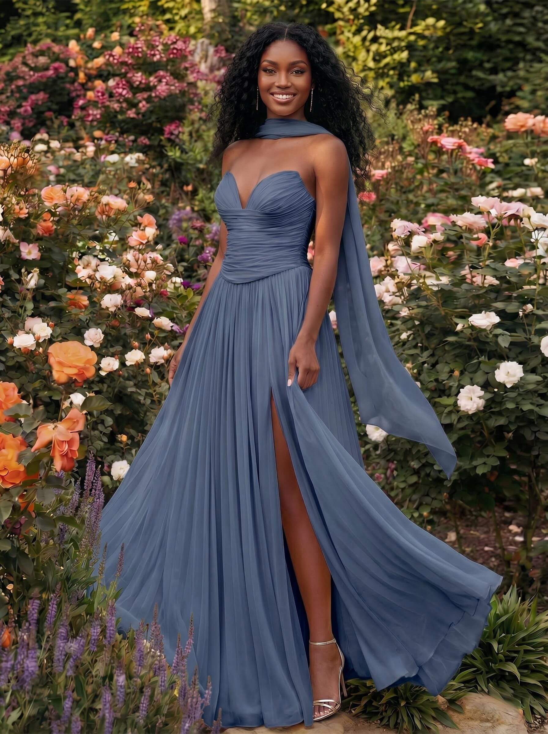 A-Line Strapless Sweep Train Chiffon Bridesmaid Dresses With Pleated/High Split, product image 7