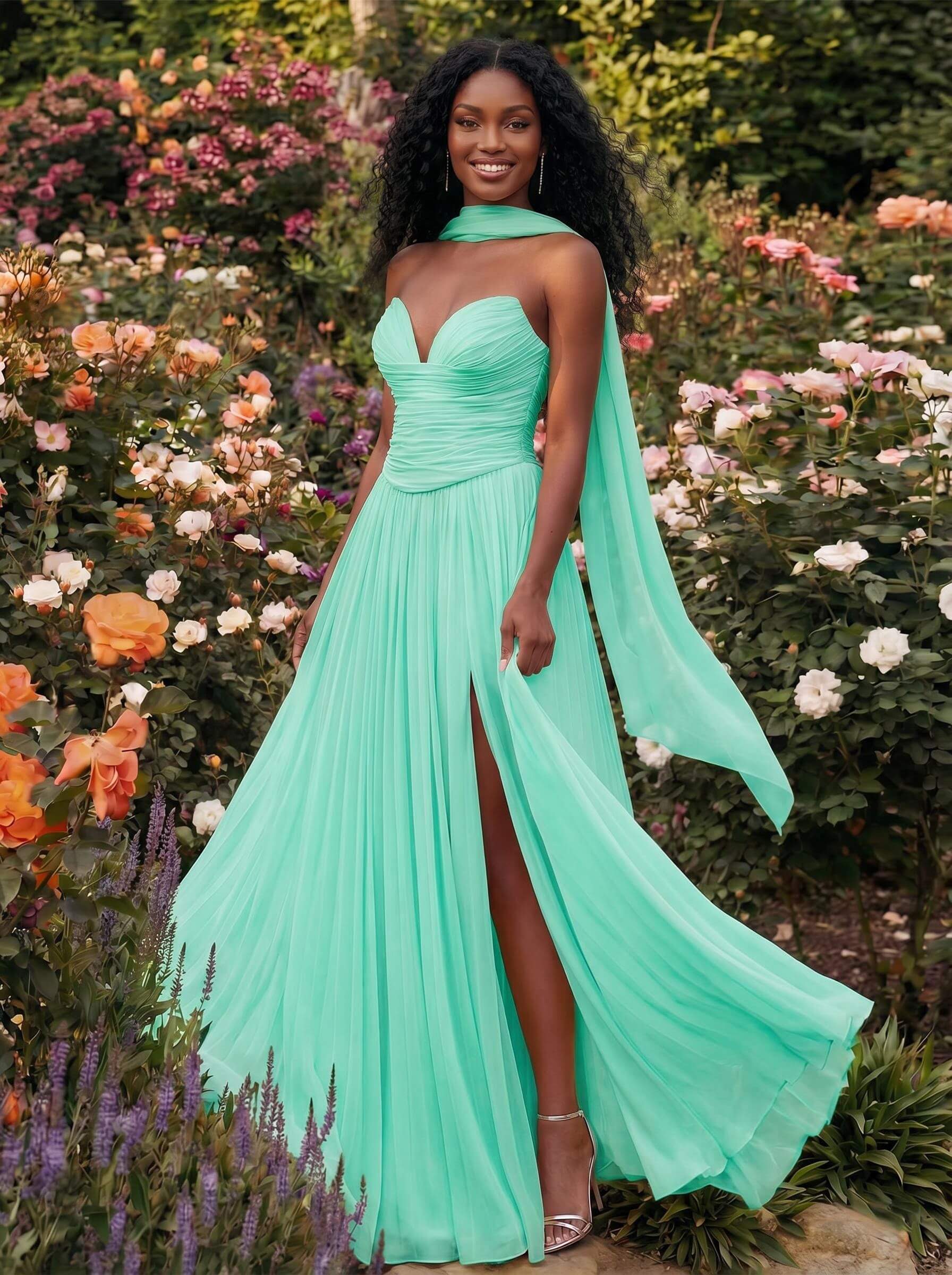 A-Line Strapless Sweep Train Chiffon Bridesmaid Dresses With Pleated/High Split, product image 50