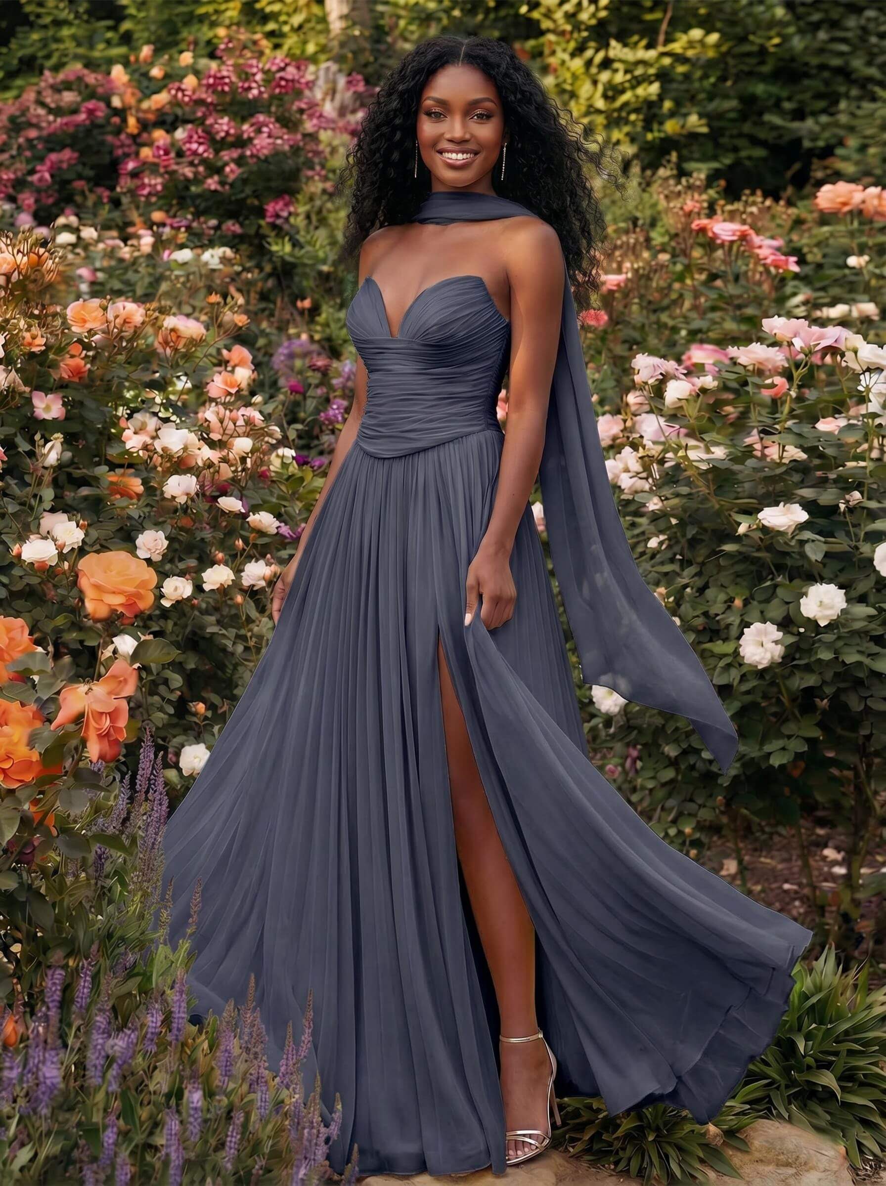 A-Line Strapless Sweep Train Chiffon Bridesmaid Dresses With Pleated/High Split, product image 8