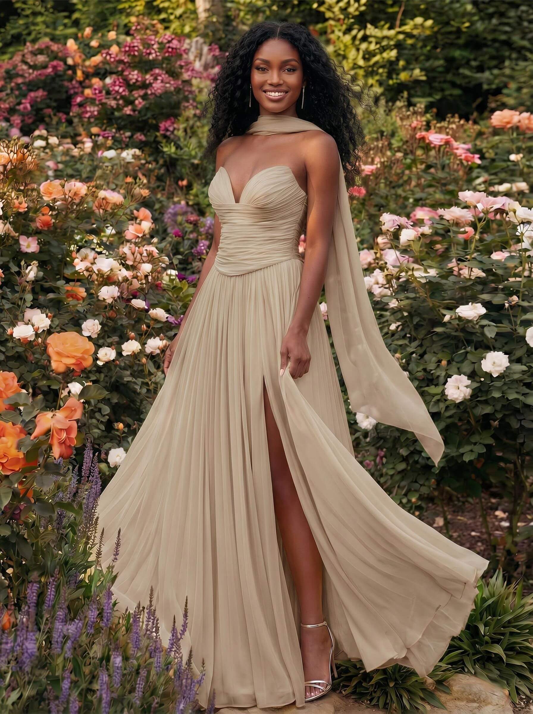 A-Line Strapless Sweep Train Chiffon Bridesmaid Dresses With Pleated/High Split, product image 52