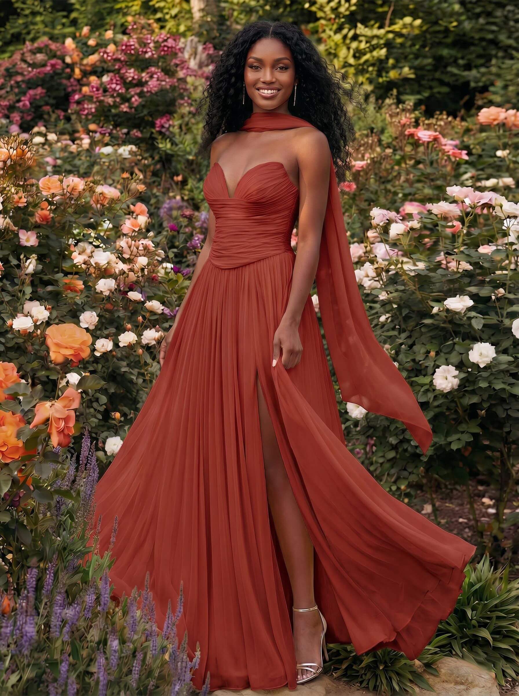 A-Line Strapless Sweep Train Chiffon Bridesmaid Dresses With Pleated/High Split, product image 21