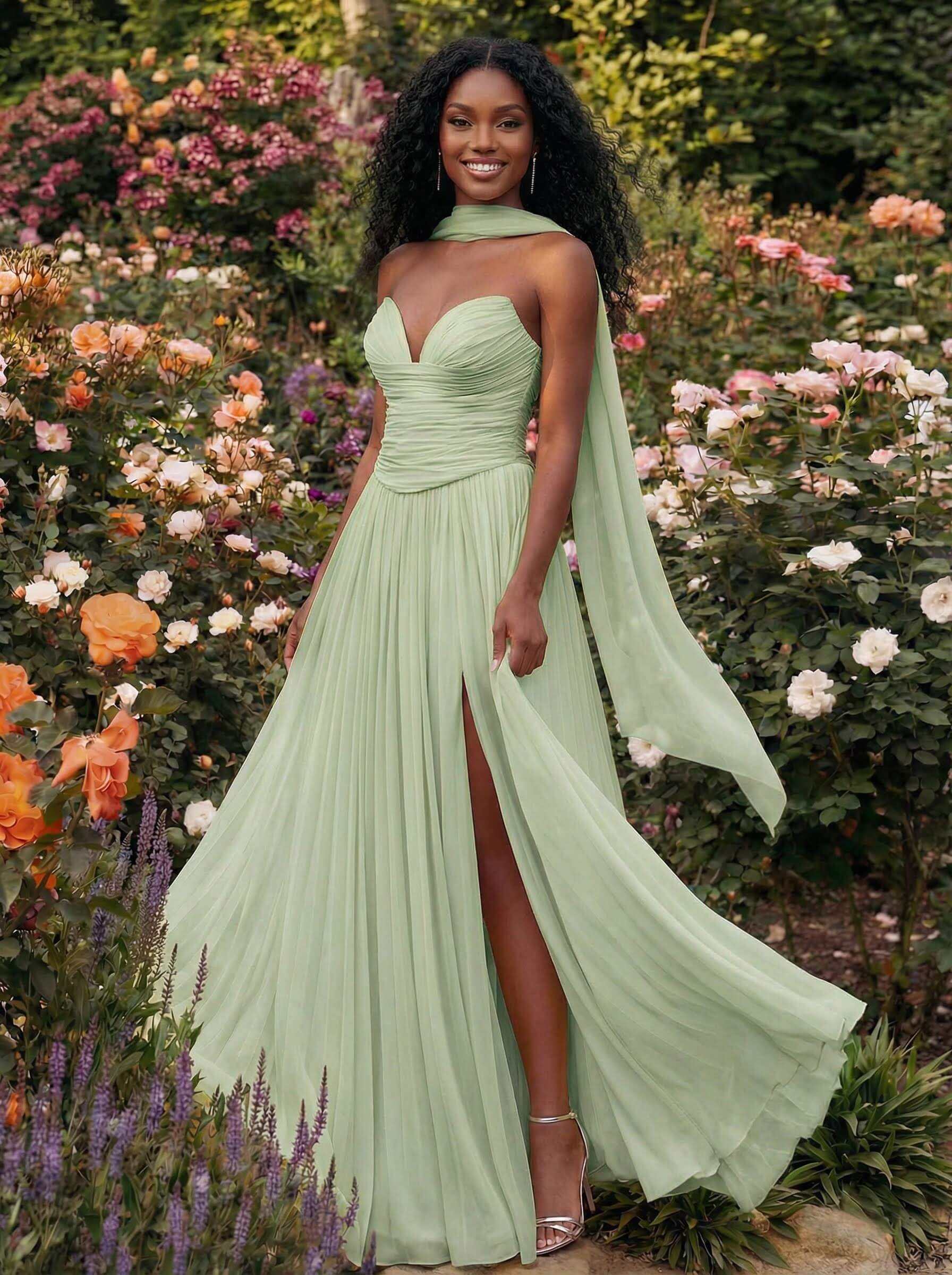 A-Line Strapless Sweep Train Chiffon Bridesmaid Dresses With Pleated/High Split, product image 92