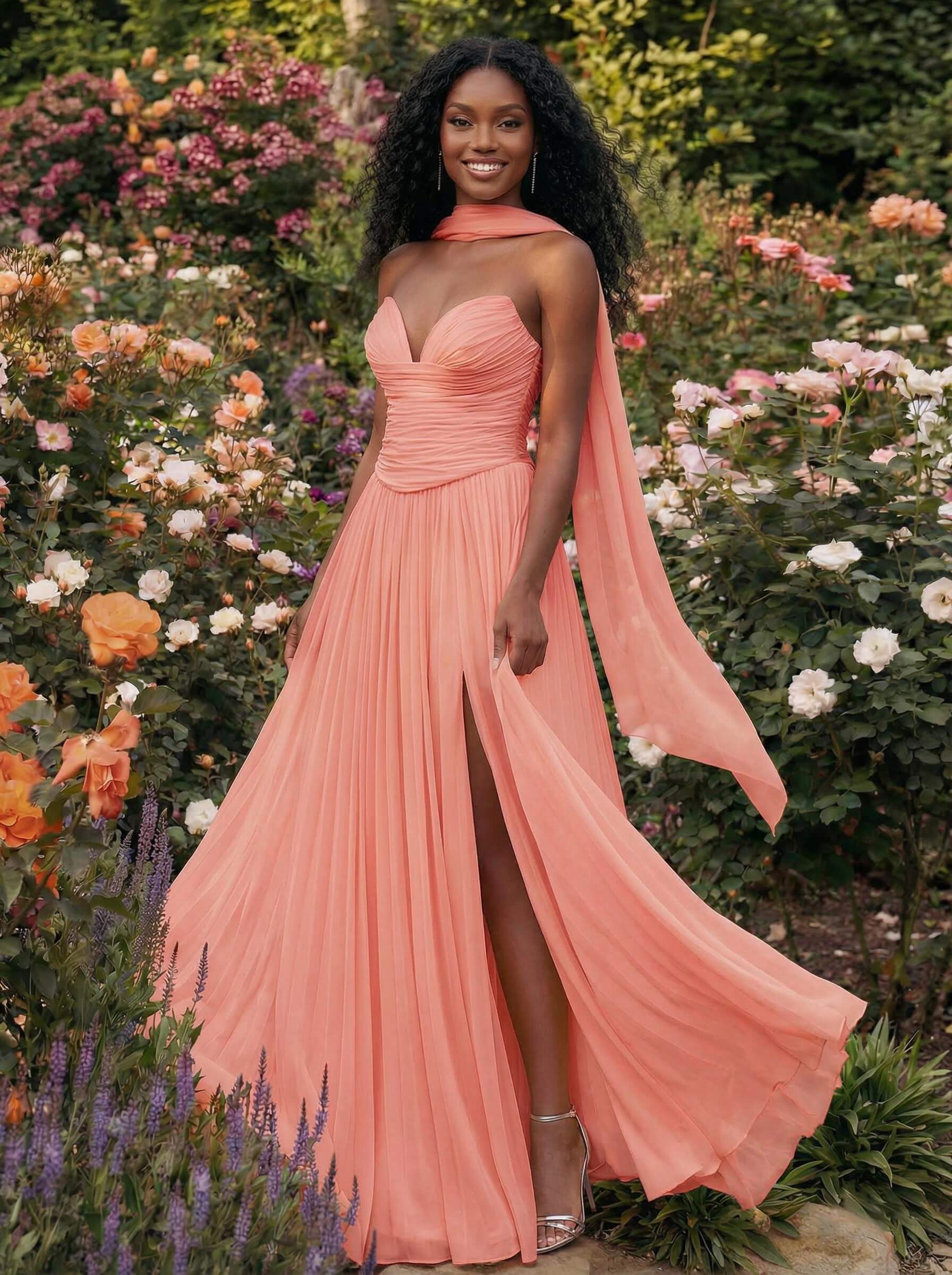 A-Line Strapless Sweep Train Chiffon Bridesmaid Dresses With Pleated/High Split, product image 81