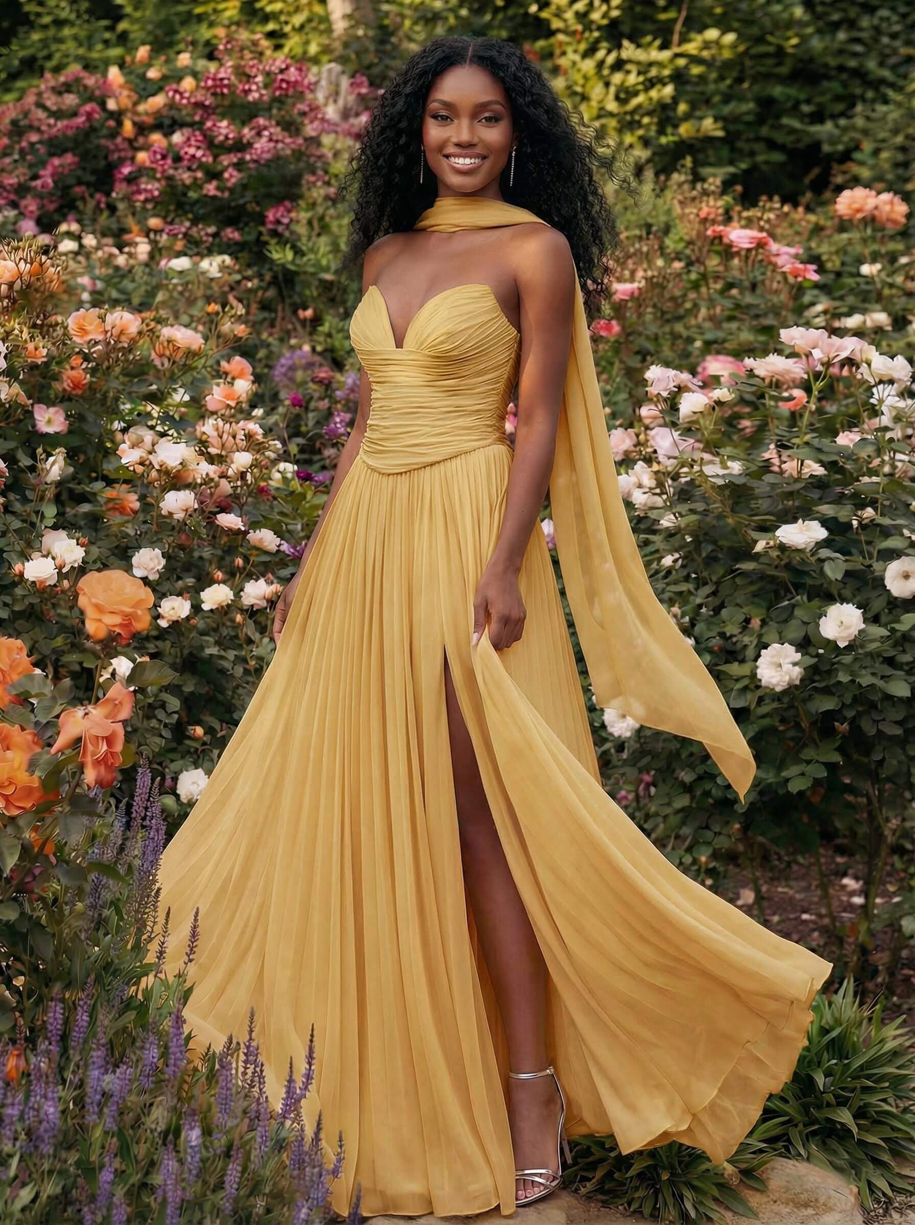 A-Line Strapless Sweep Train Chiffon Bridesmaid Dresses With Pleated/High Split, product image 93