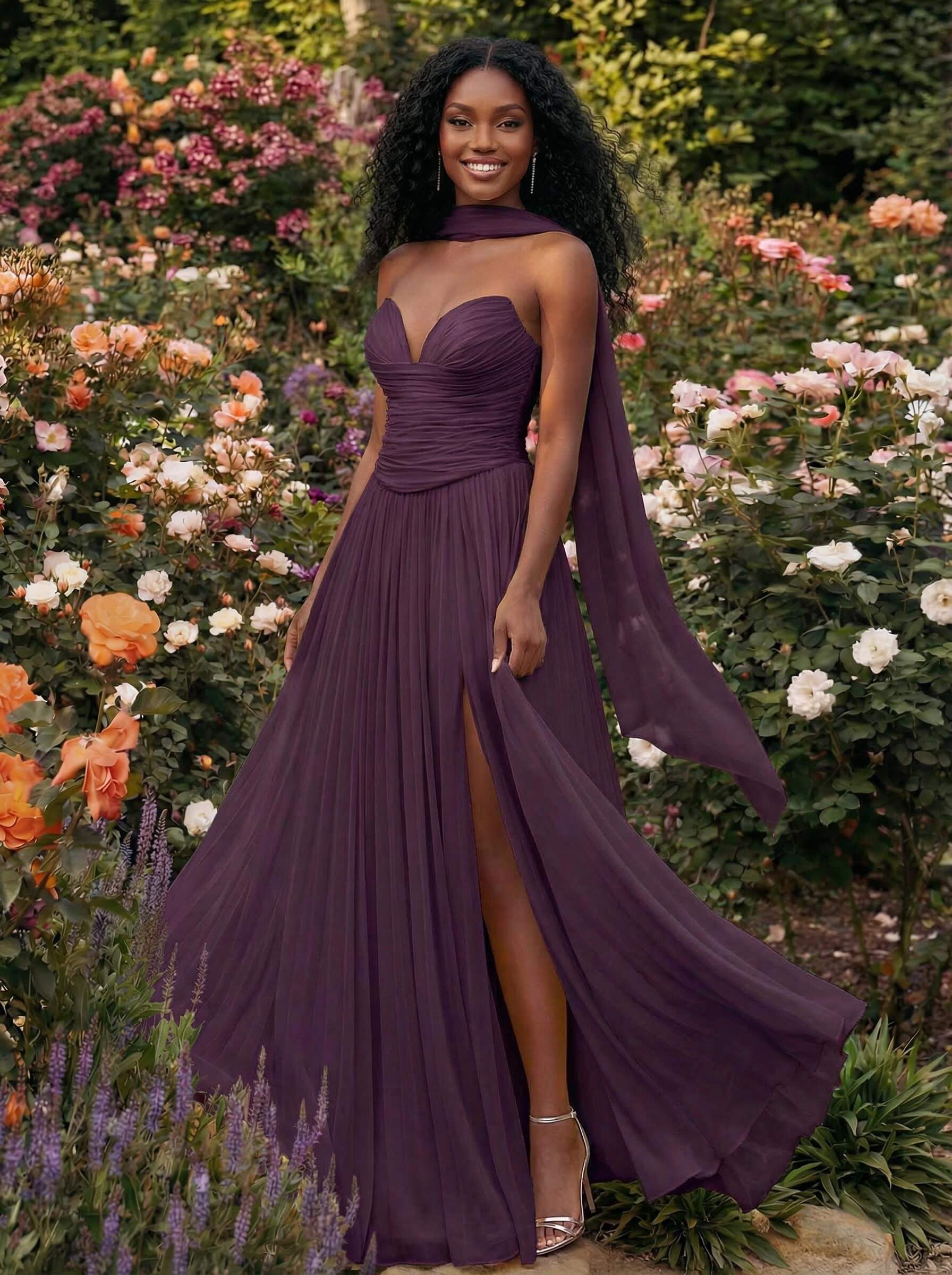 A-Line Strapless Sweep Train Chiffon Bridesmaid Dresses With Pleated/High Split, product image 86