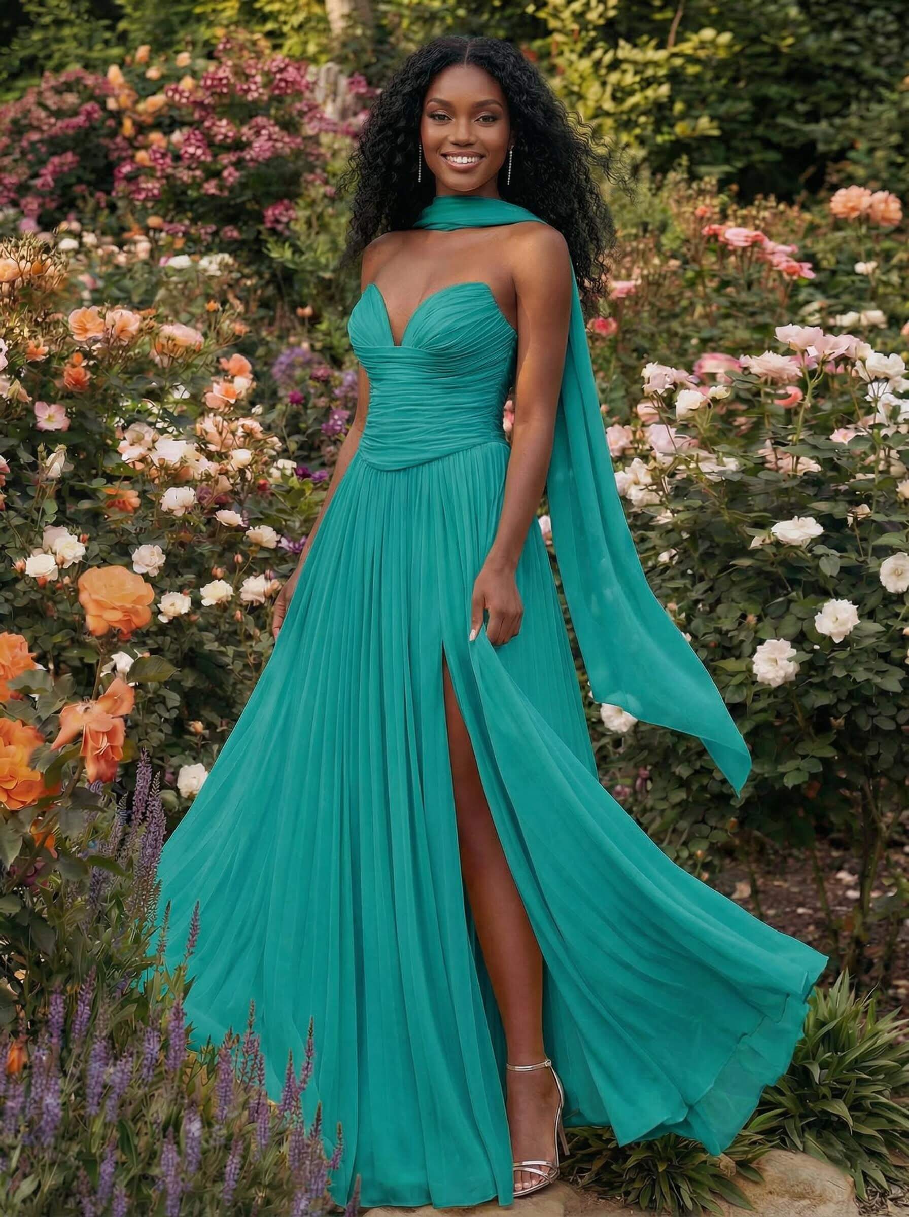 A-Line Strapless Sweep Train Chiffon Bridesmaid Dresses With Pleated/High Split, product image 91