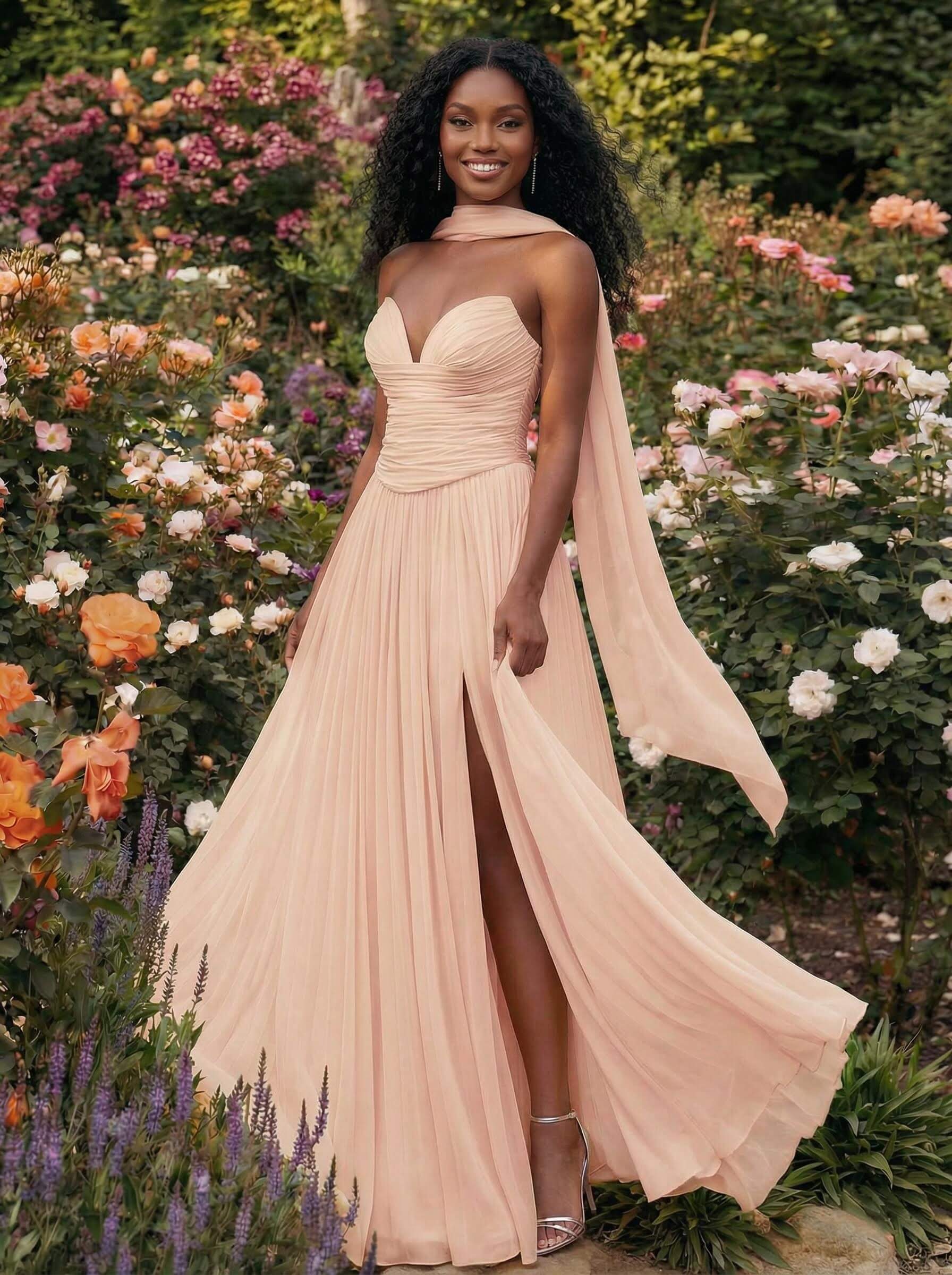 A-Line Strapless Sweep Train Chiffon Bridesmaid Dresses With Pleated/High Split, product image 100
