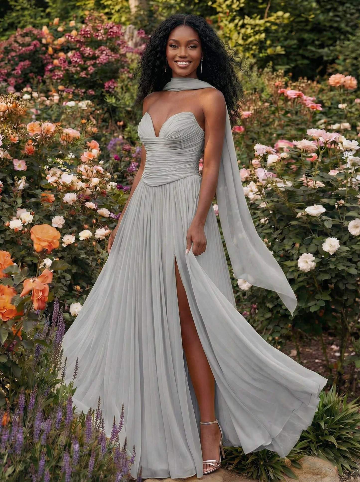 A-Line Strapless Sweep Train Chiffon Bridesmaid Dresses With Pleated/High Split, product image 97