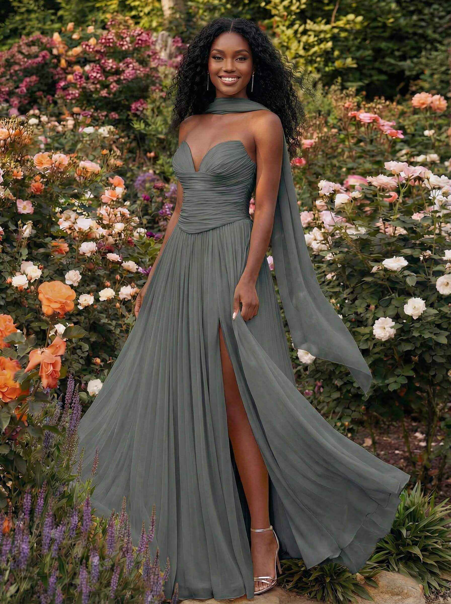 A-Line Strapless Sweep Train Chiffon Bridesmaid Dresses With Pleated/High Split, product image 99