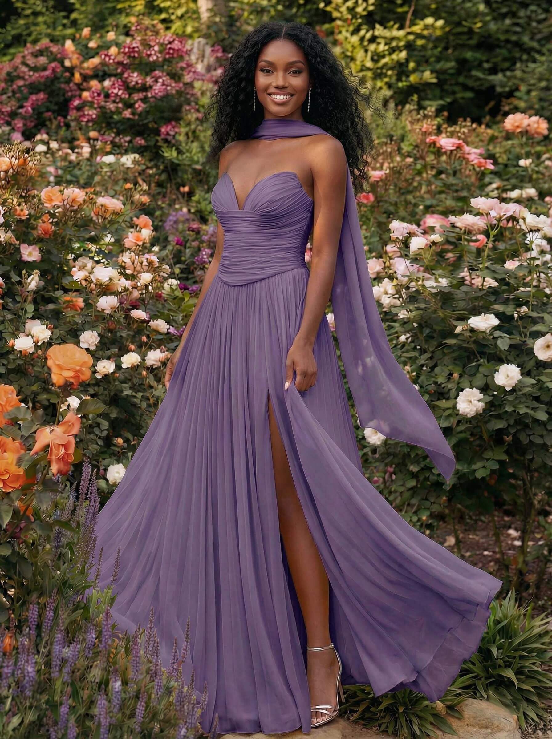 A-Line Strapless Sweep Train Chiffon Bridesmaid Dresses With Pleated/High Split, product image 84