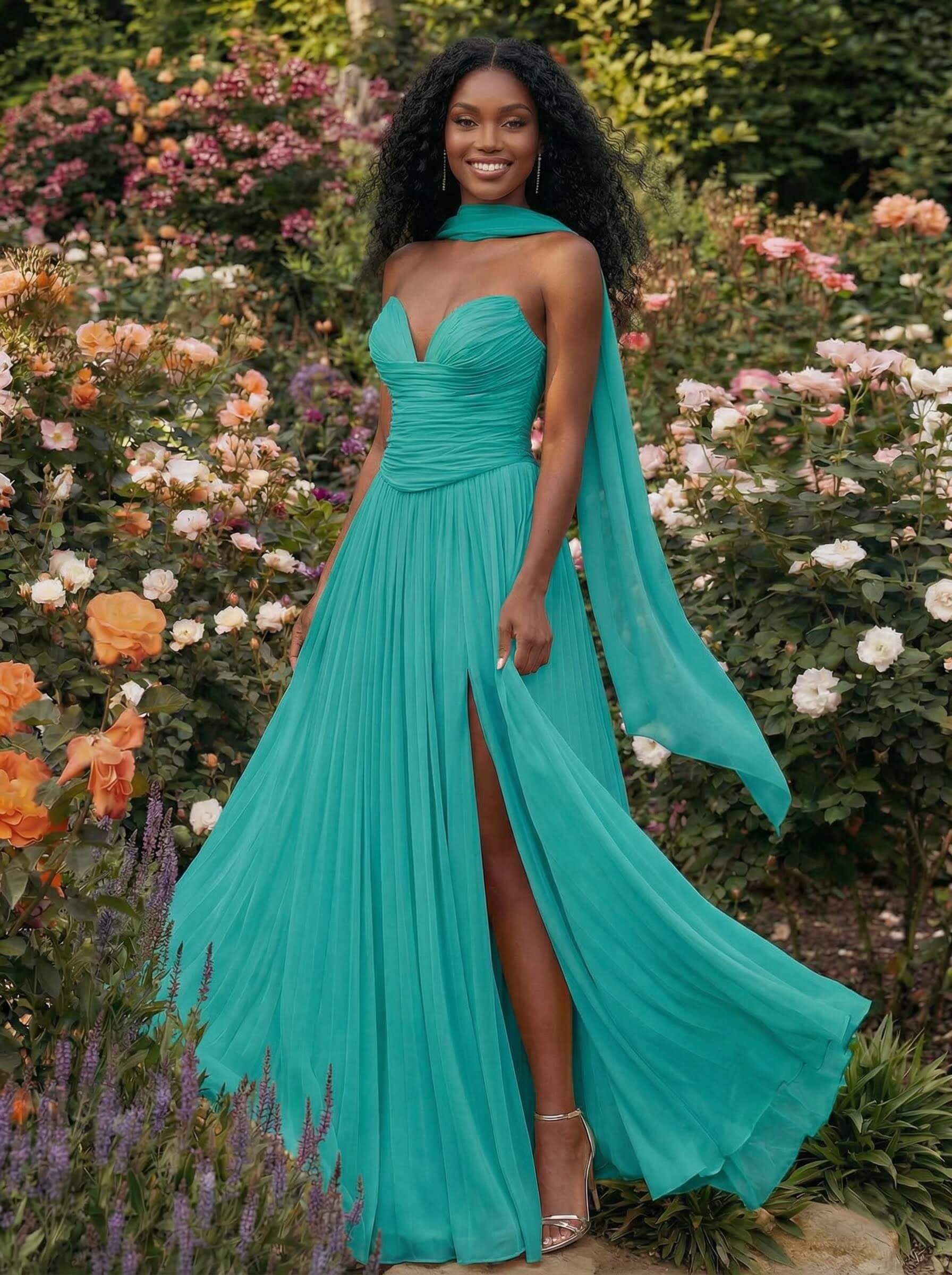 A-Line Strapless Sweep Train Chiffon Bridesmaid Dresses With Pleated/High Split, product image 101