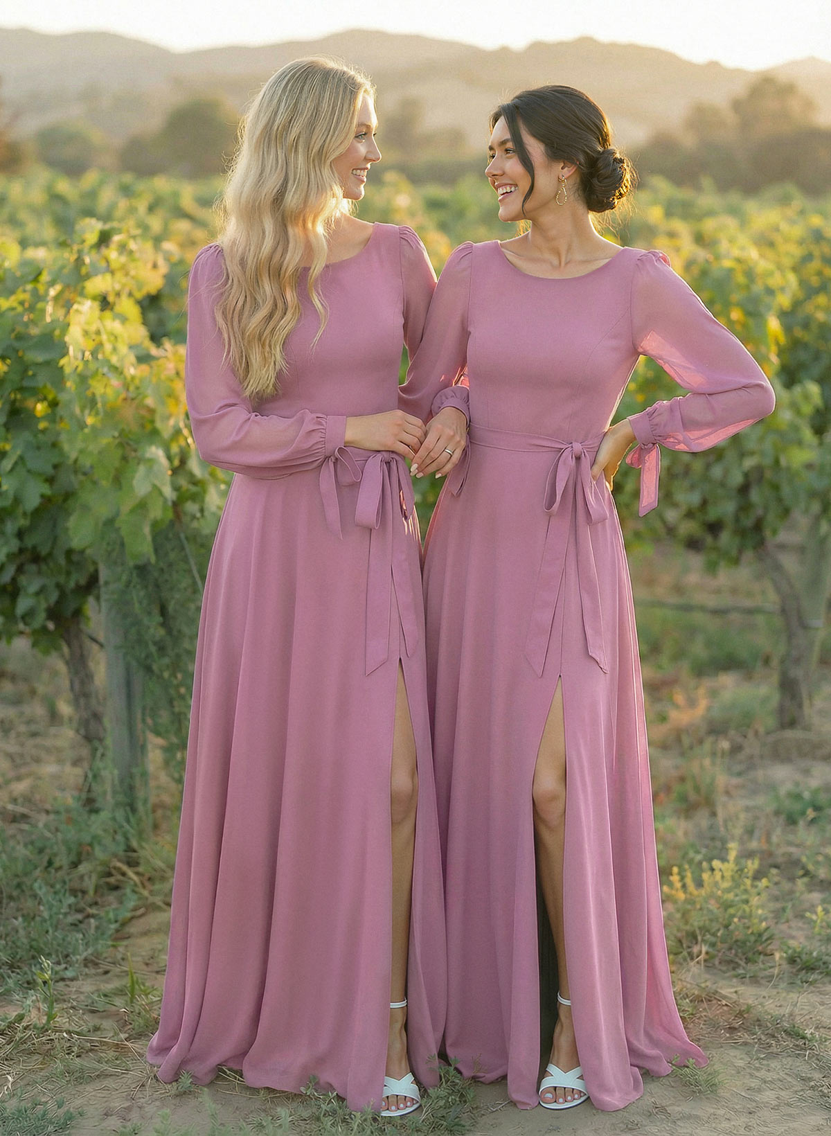 A-Line Scoop Neck Long Sleeves Floor-Length Chiffon Bridesmaid Dresses With Split Front Sash Bubble Hem, product image 4