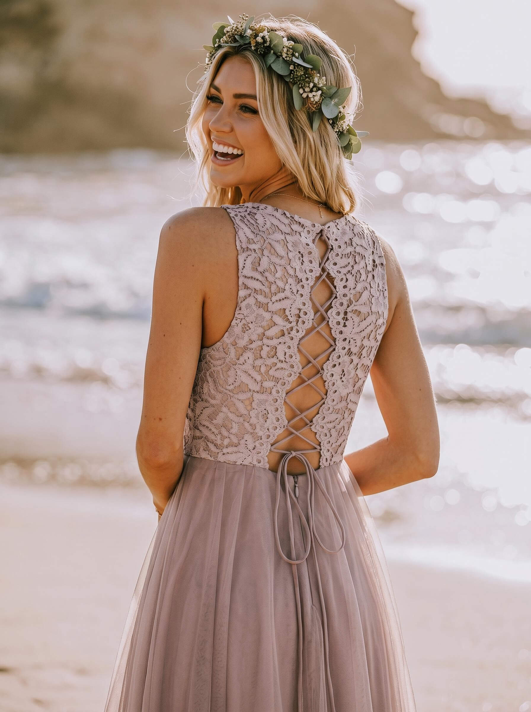 A-Line Scoop Neck Sleeveless Tulle Bridesmaid Dresses With Lace, image 3