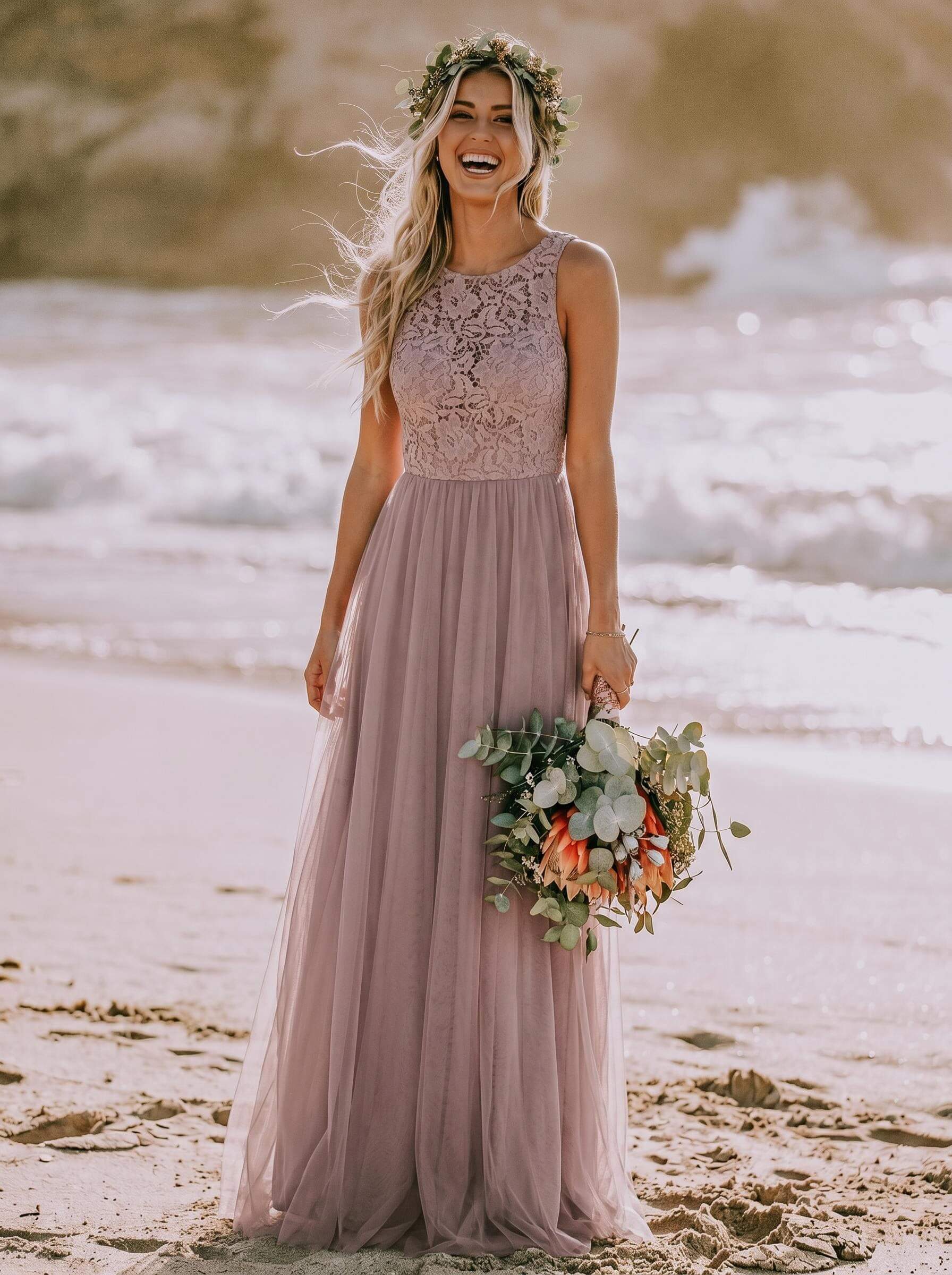 A-Line Scoop Neck Sleeveless Tulle Bridesmaid Dresses With Lace, image 1