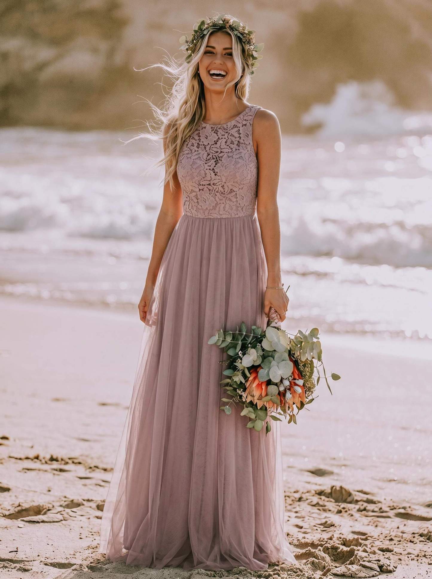 A-Line Scoop Neck Sleeveless Tulle Bridesmaid Dresses With Lace in As Picture, US2