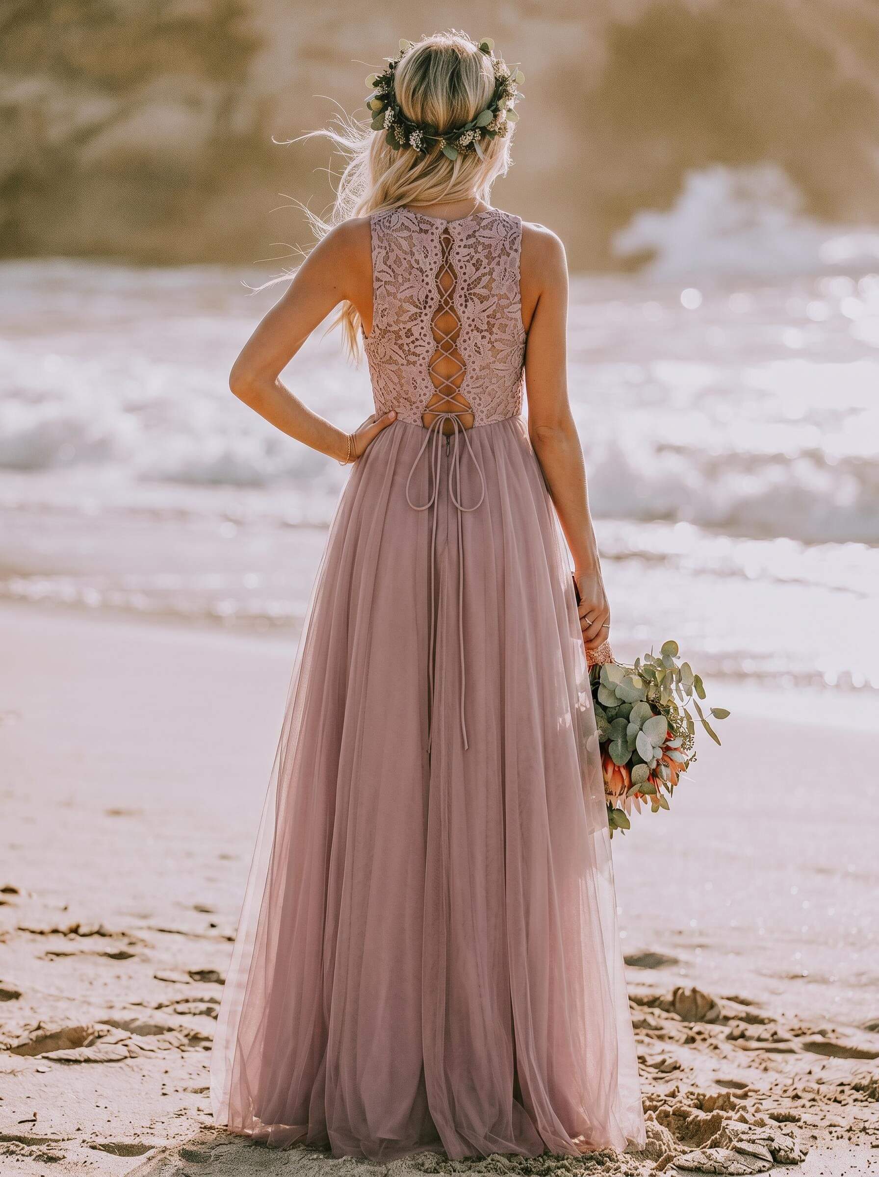 A-Line Scoop Neck Sleeveless Tulle Bridesmaid Dresses With Lace, image 2