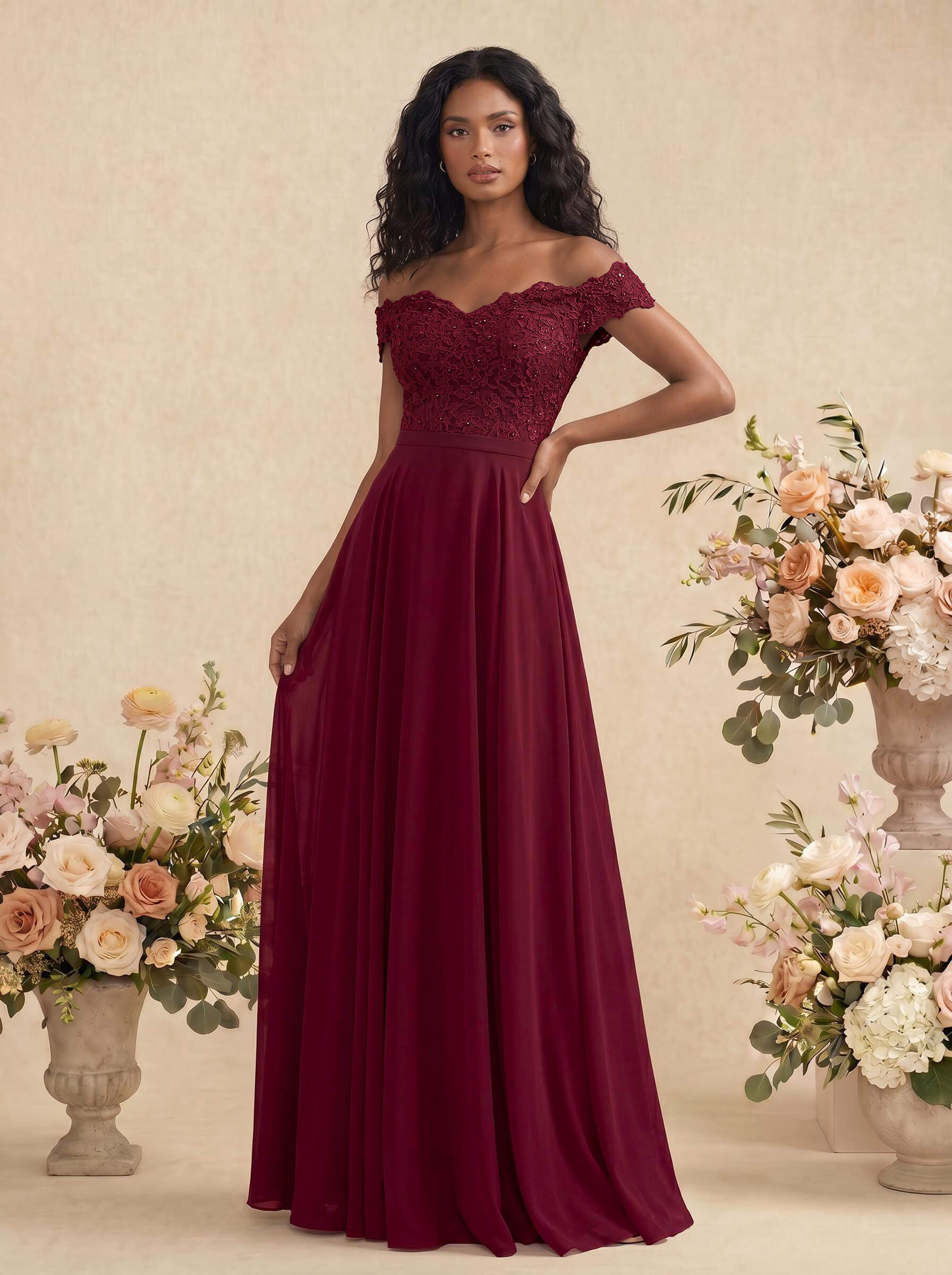 A-Line Off-The-Shoulder Sleeveless Chiffon Bridesmaid Dresses With Lace, image 1
