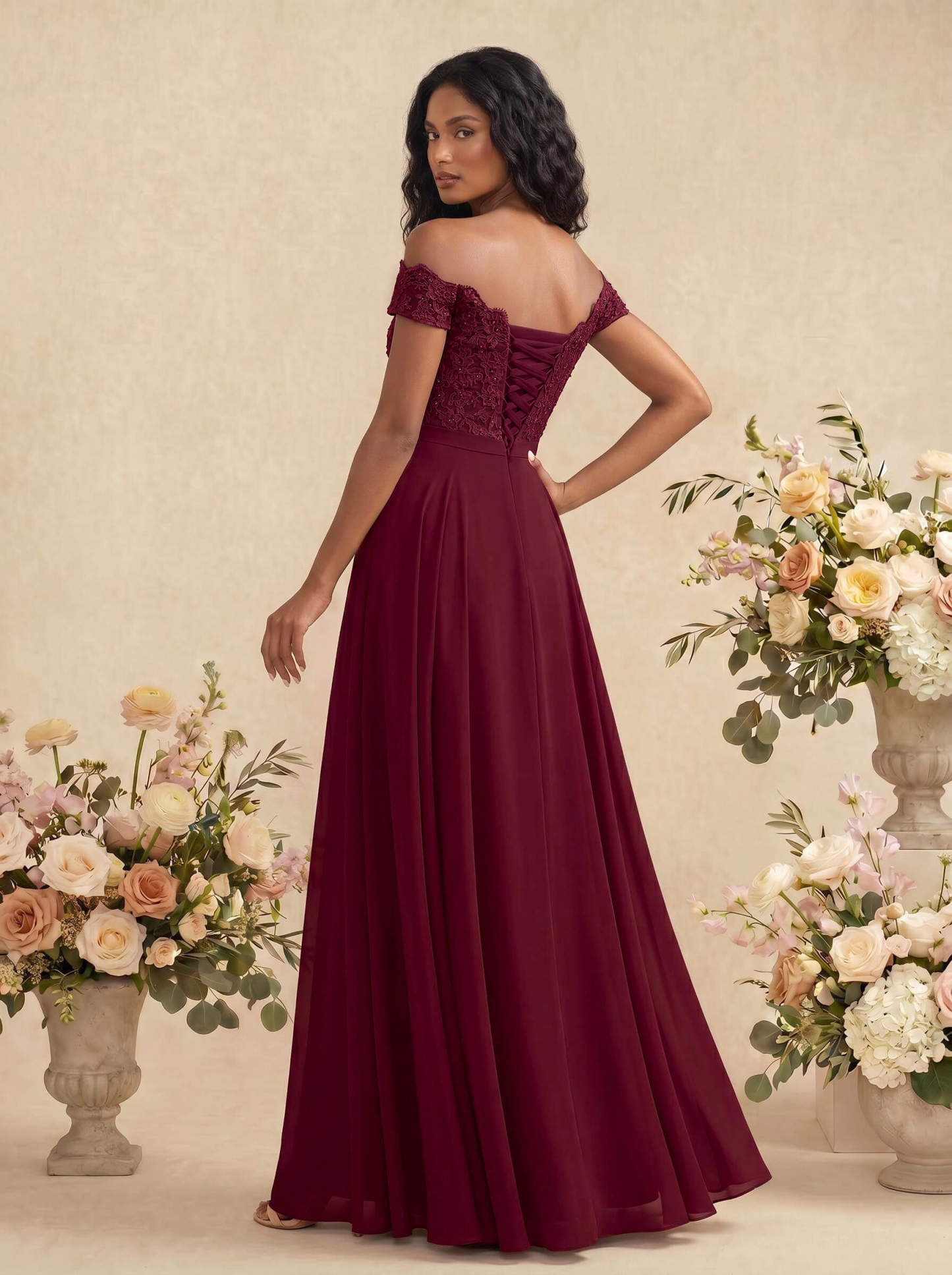 A-Line Off-The-Shoulder Sleeveless Chiffon Bridesmaid Dresses With Lace, image 2
