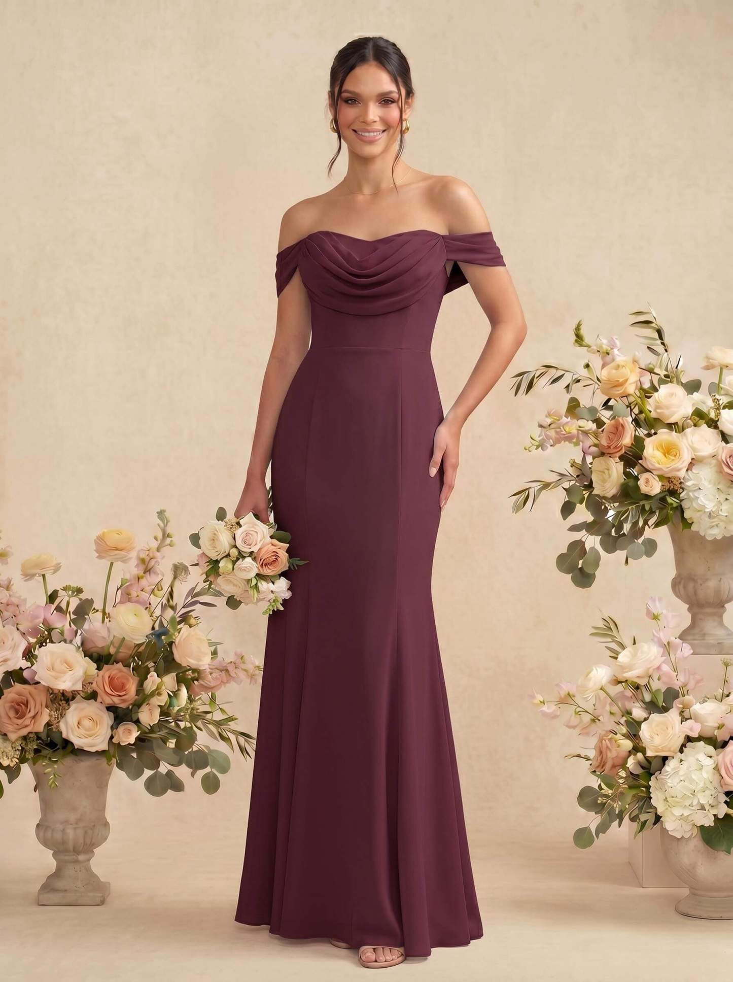 Elegant Ruched Cowl Neck Off-The-Shoulder Mermaid Chiffon Bridesmaid Dresses, image 14