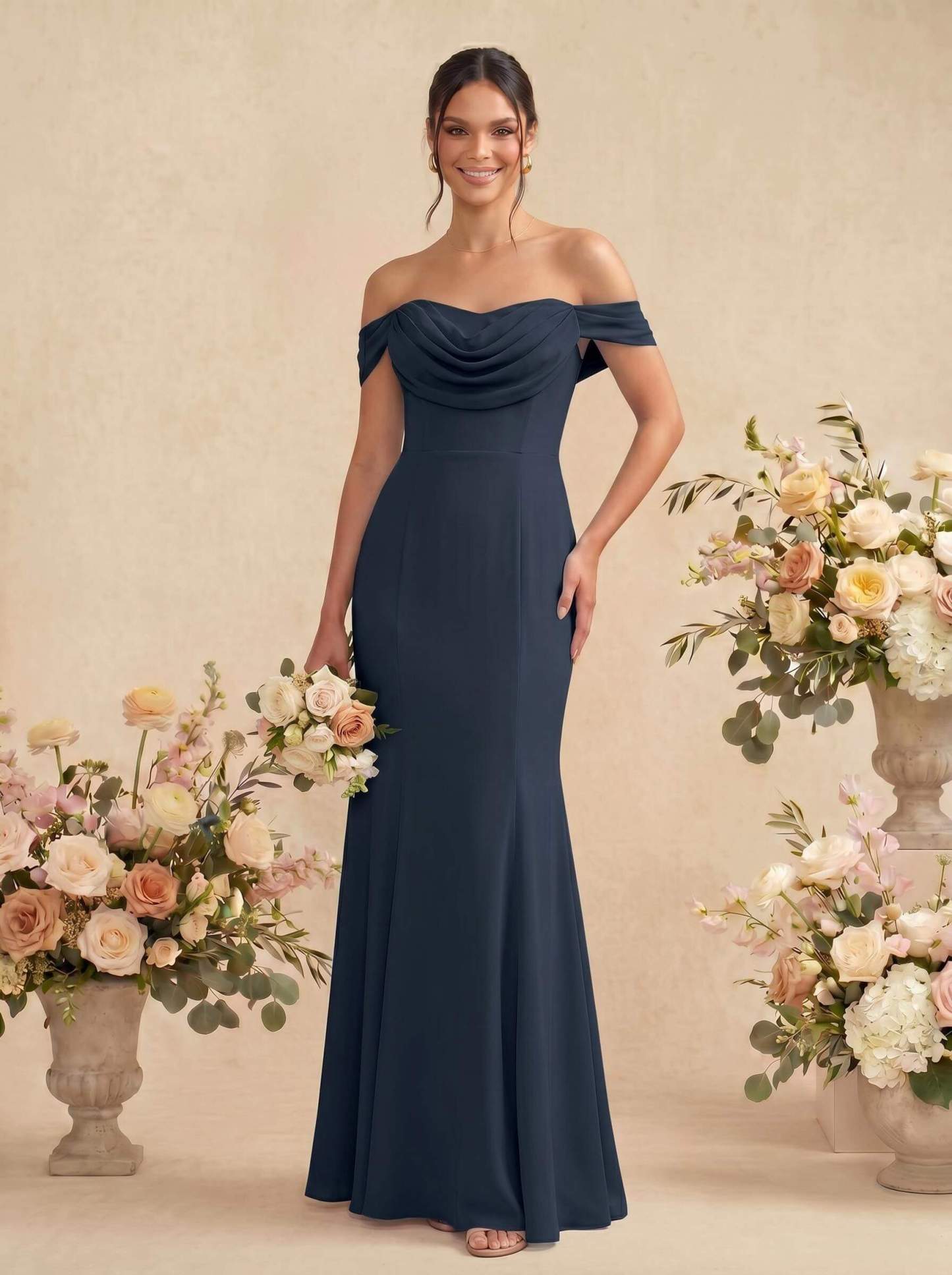 Elegant Ruched Cowl Neck Off-The-Shoulder Mermaid Chiffon Bridesmaid Dresses, image 3