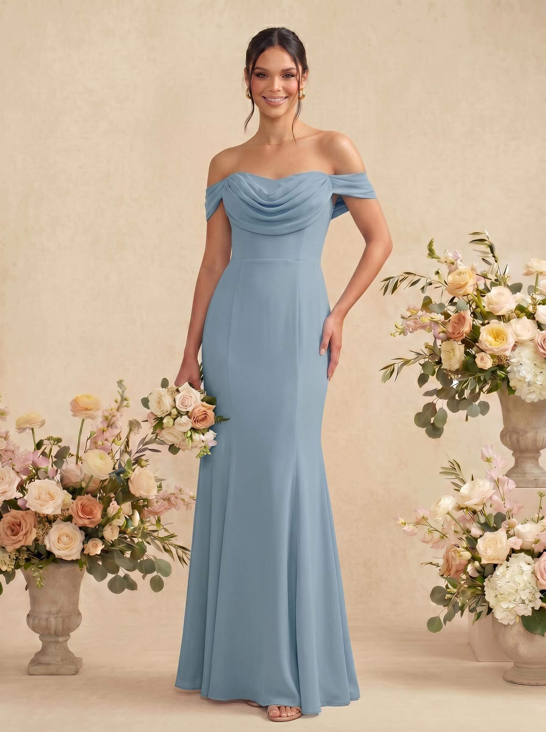 Elegant Ruched Cowl Neck Off-The-Shoulder Mermaid Chiffon Bridesmaid Dresses, image 5