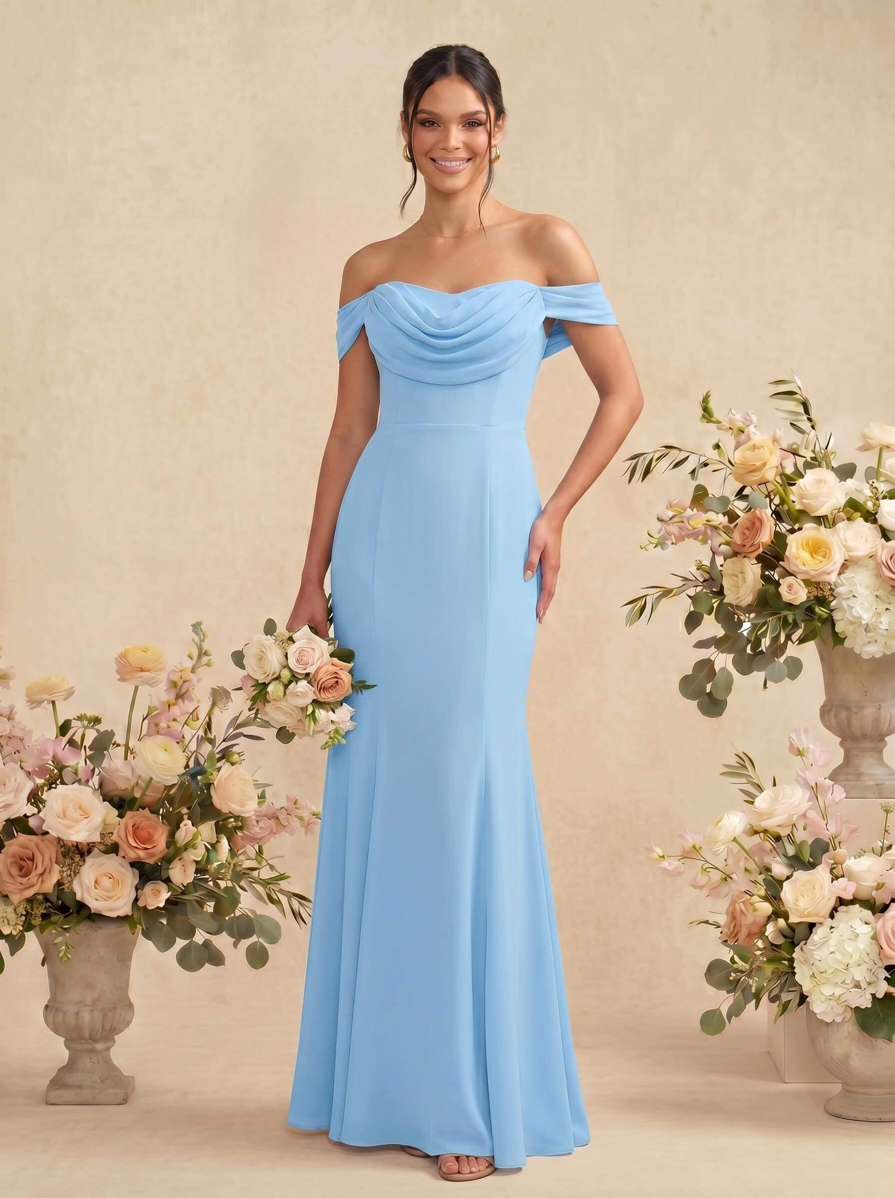 Elegant Ruched Cowl Neck Off-The-Shoulder Mermaid Chiffon Bridesmaid Dresses, image 12