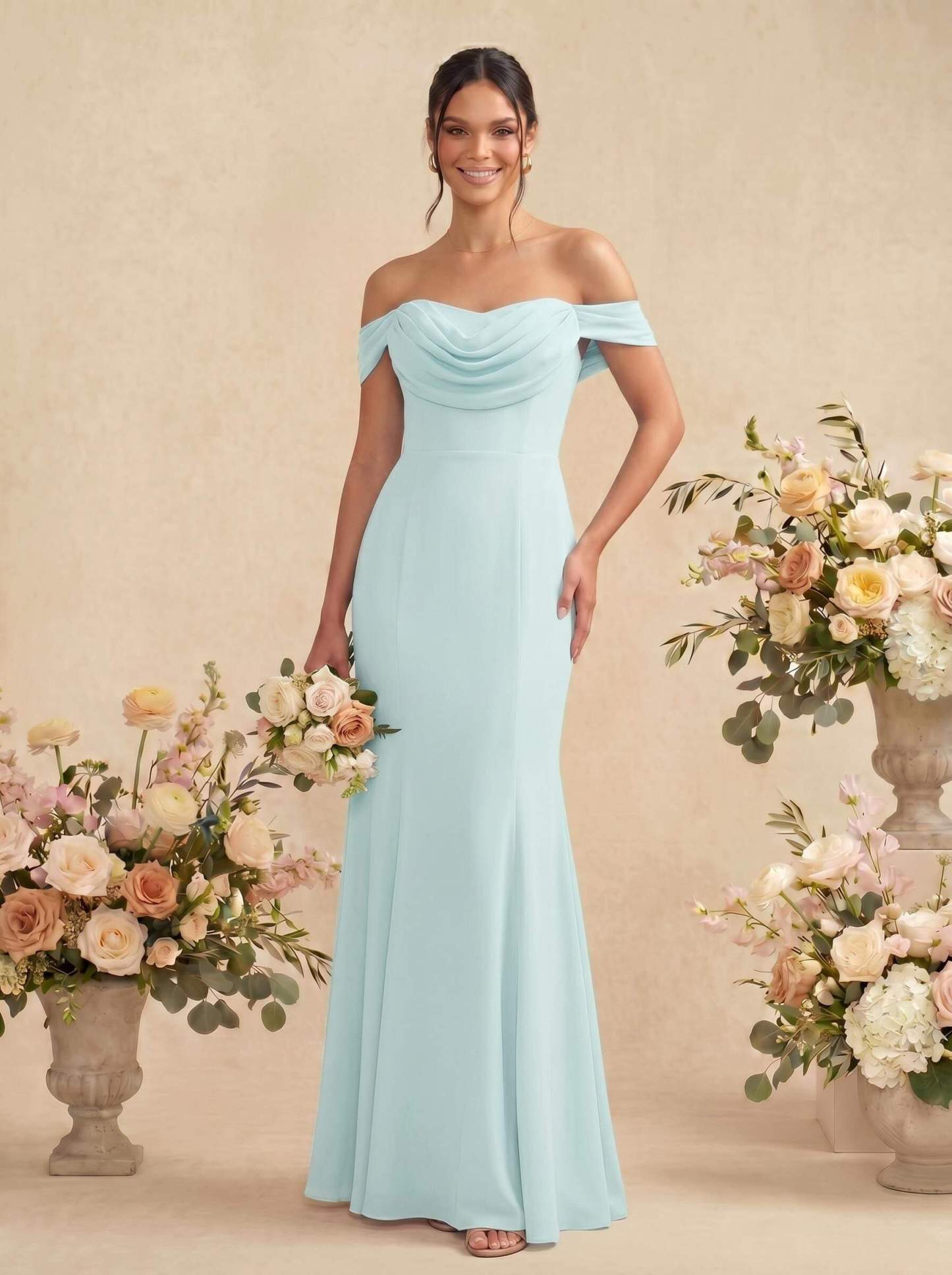 Elegant Ruched Cowl Neck Off-The-Shoulder Mermaid Chiffon Bridesmaid Dresses, image 13