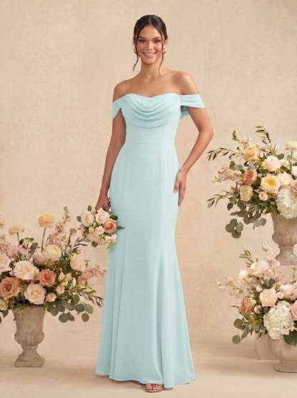 Elegant Ruched Cowl Neck Off-The-Shoulder Mermaid Chiffon Bridesmaid Dresses