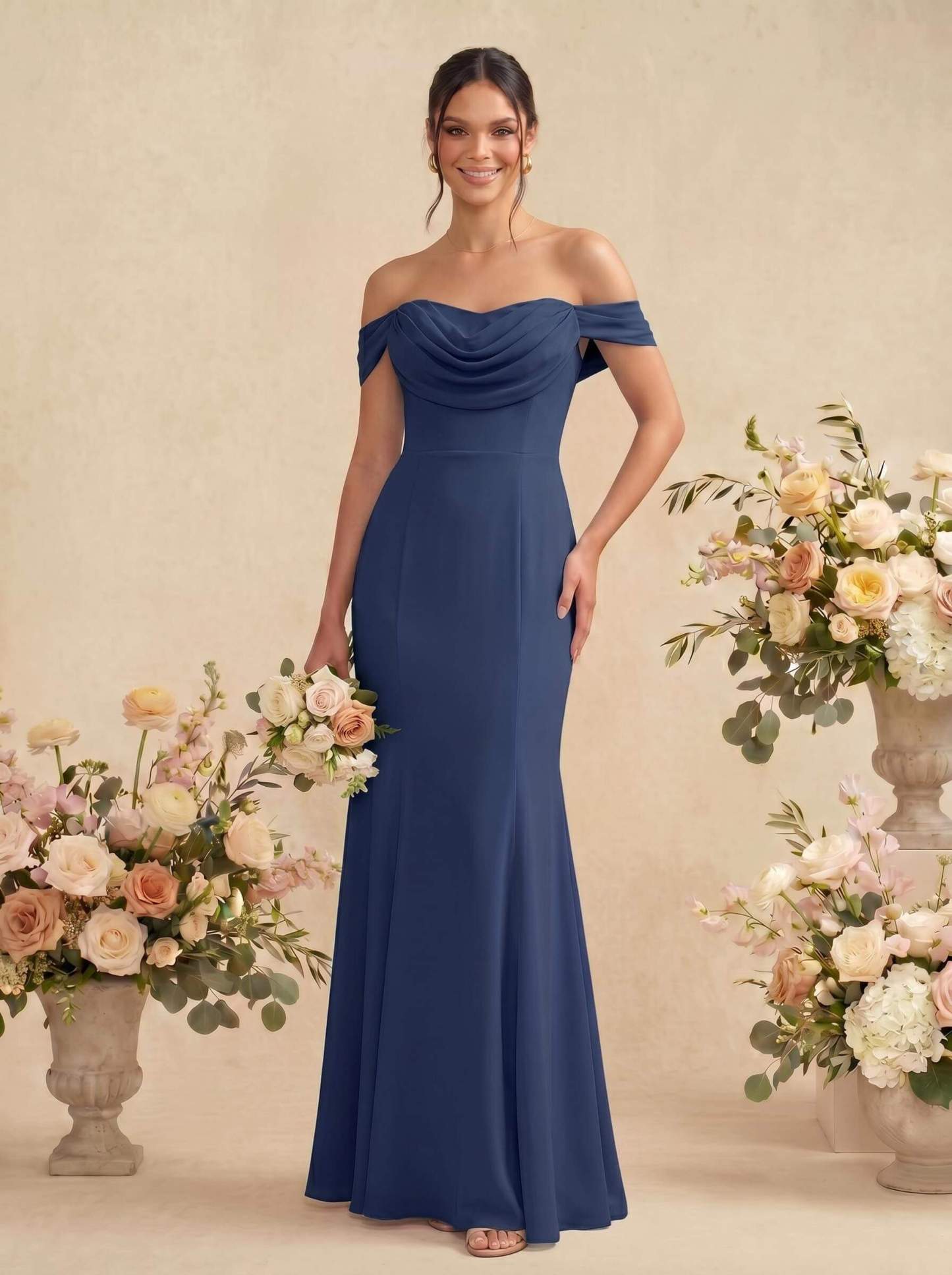 Elegant Ruched Cowl Neck Off-The-Shoulder Mermaid Chiffon Bridesmaid Dresses, image 4