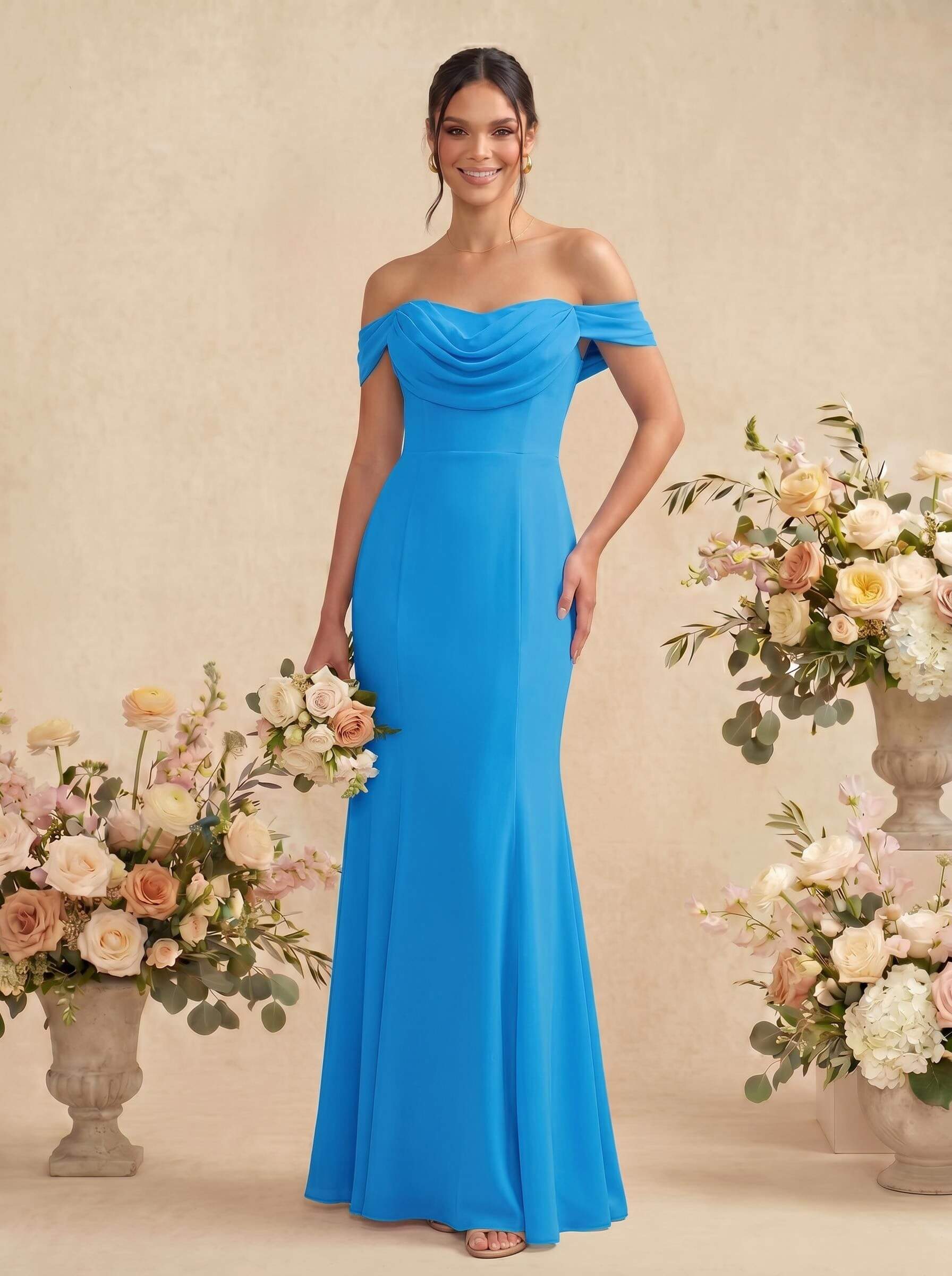 Elegant Ruched Cowl Neck Off-The-Shoulder Mermaid Chiffon Bridesmaid Dresses, image 10