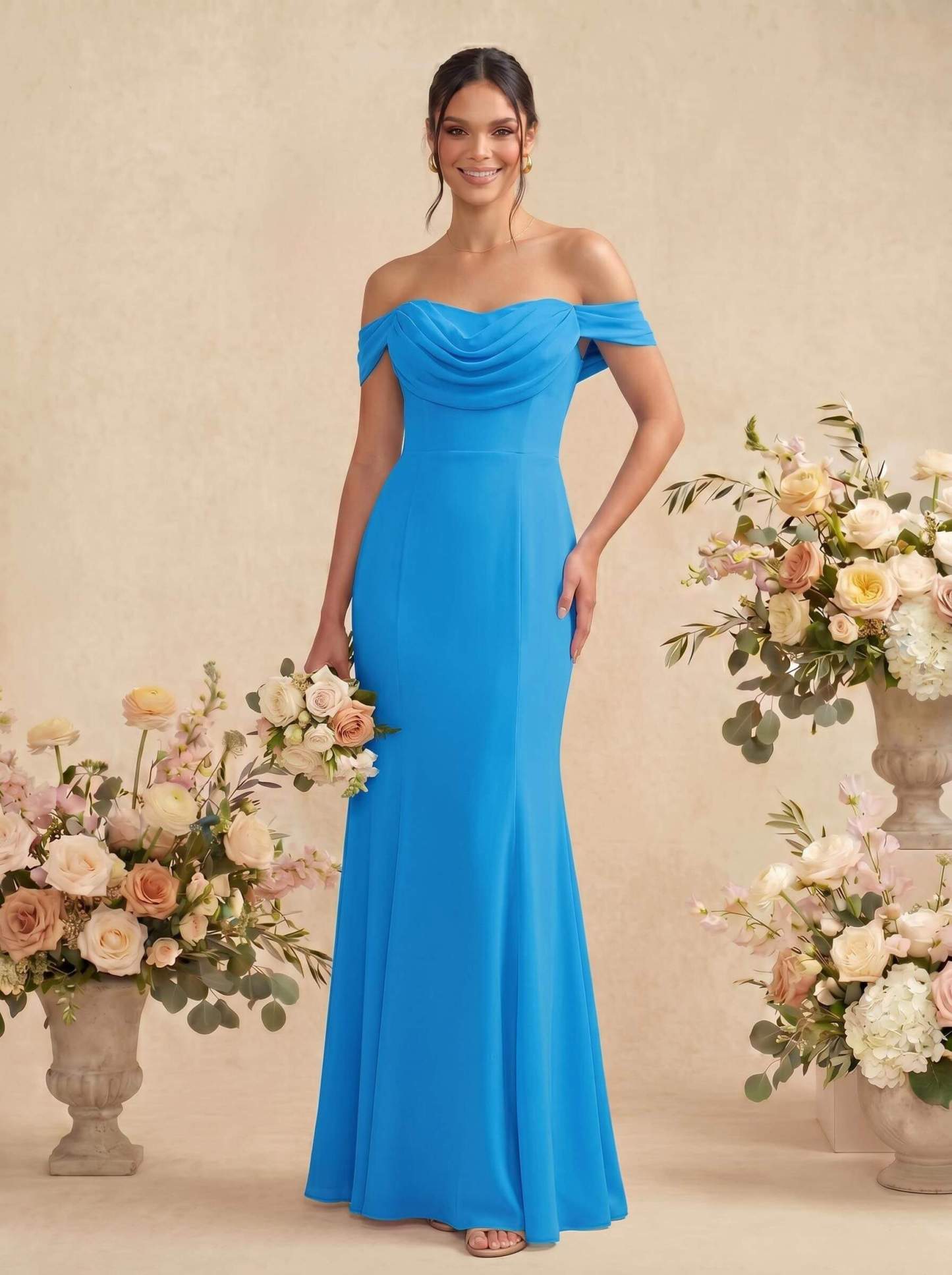 Elegant Ruched Cowl Neck Off-The-Shoulder Mermaid Chiffon Bridesmaid Dresses, image 10