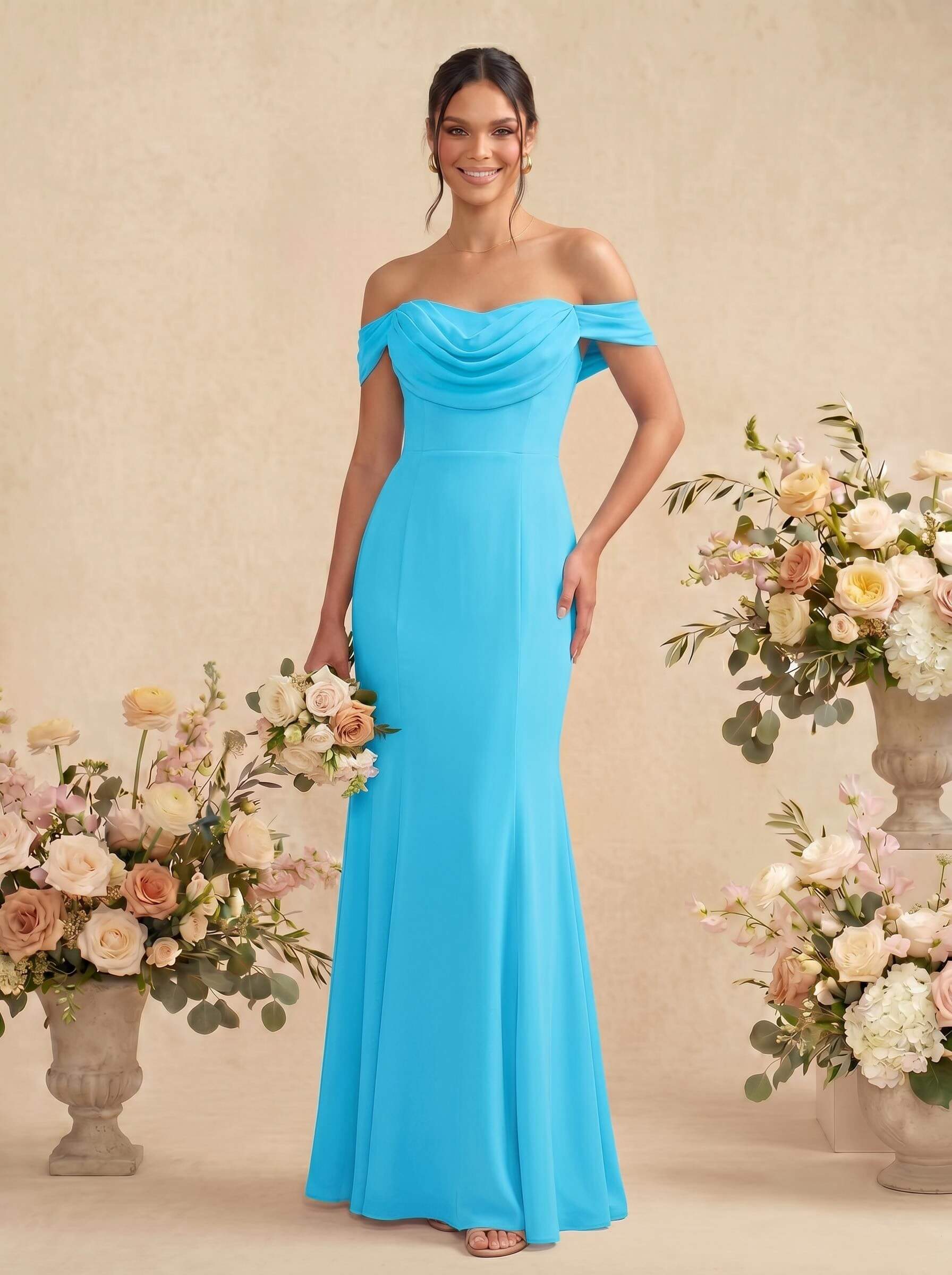 Elegant Ruched Cowl Neck Off-The-Shoulder Mermaid Chiffon Bridesmaid Dresses, image 11