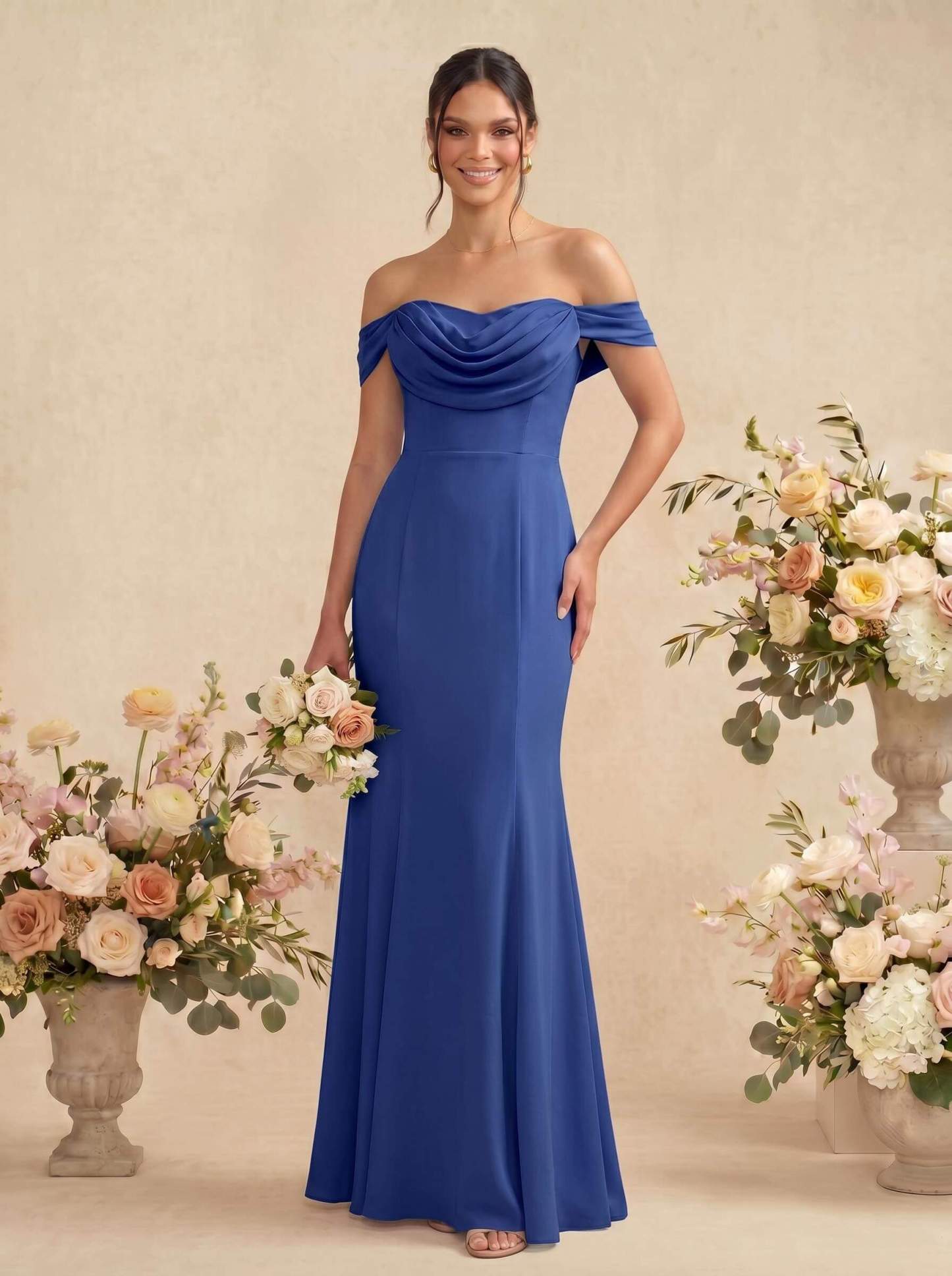 Elegant Ruched Cowl Neck Off-The-Shoulder Mermaid Chiffon Bridesmaid Dresses, image 9