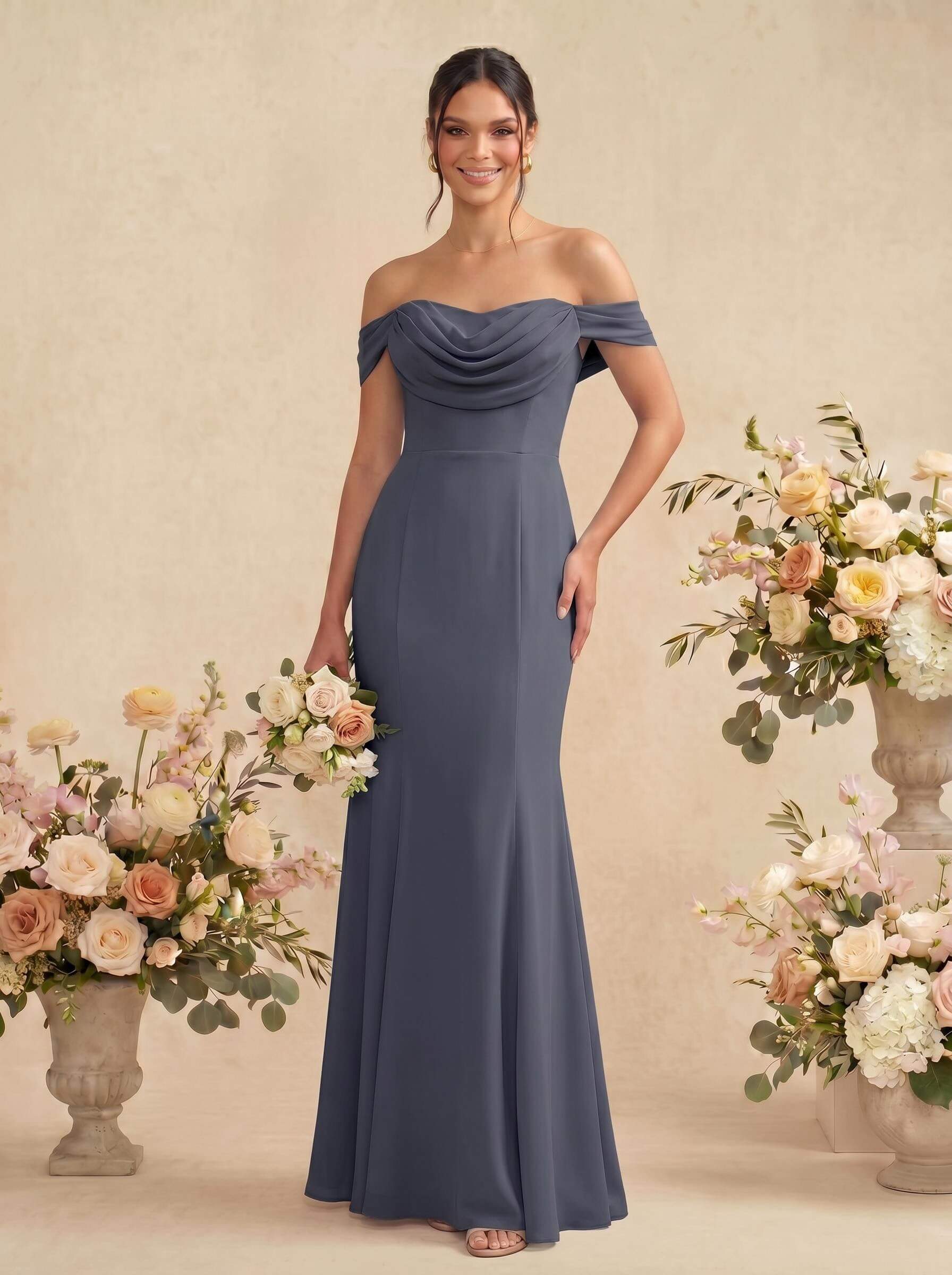 Elegant Ruched Cowl Neck Off-The-Shoulder Mermaid Chiffon Bridesmaid Dresses, image 7