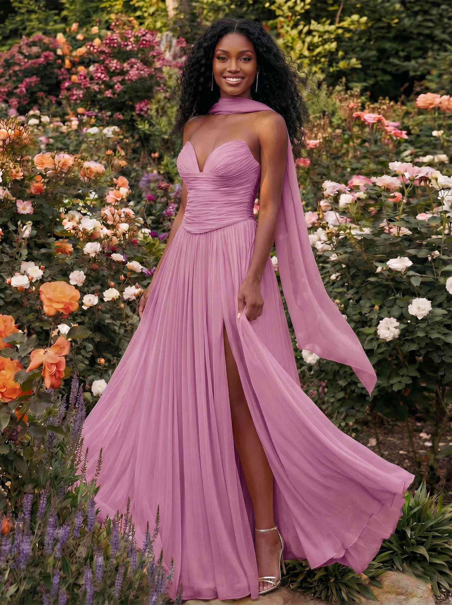 A-Line Strapless Sweep Train Chiffon Bridesmaid Dresses With Pleated/High Split, product image 33