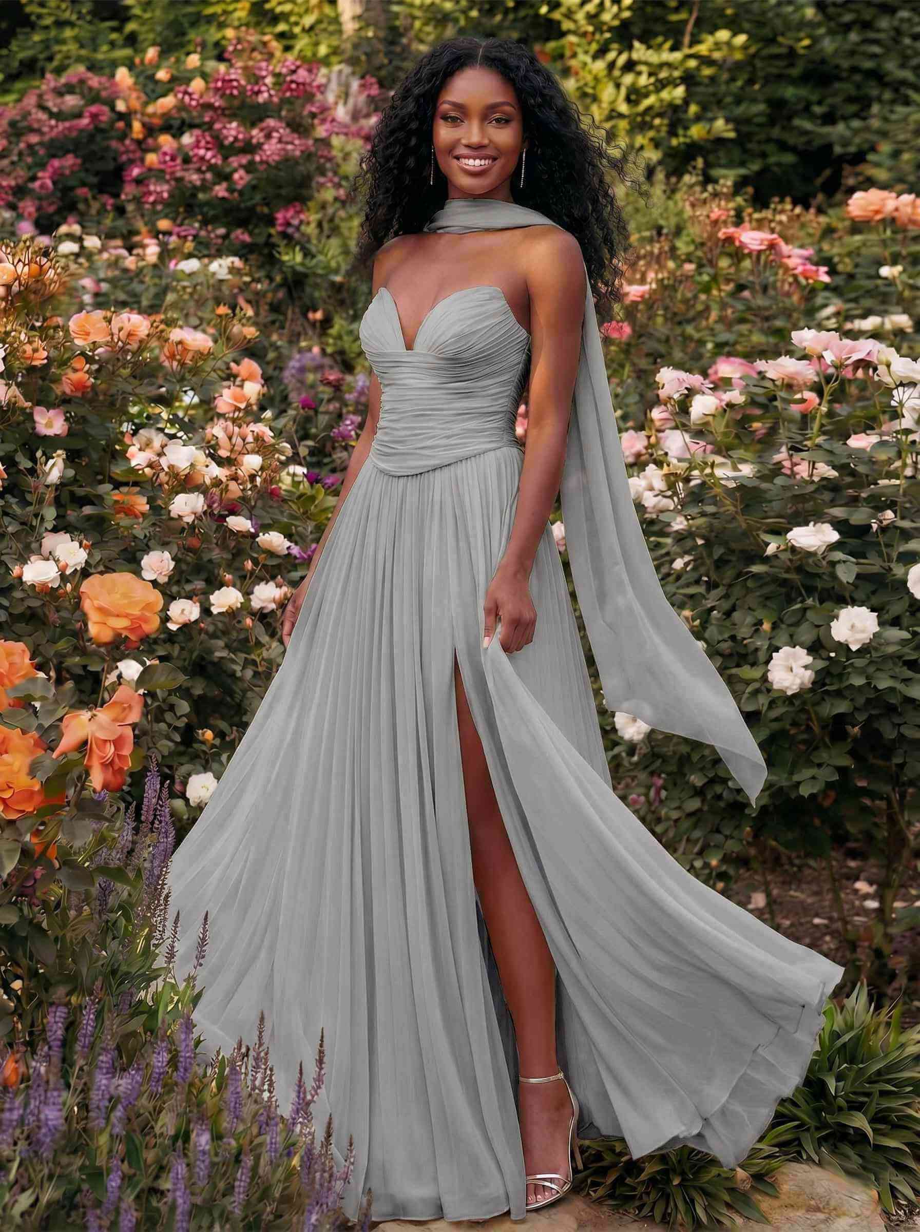 A-Line Strapless Sweep Train Chiffon Bridesmaid Dresses With Pleated/High Split, product image 98