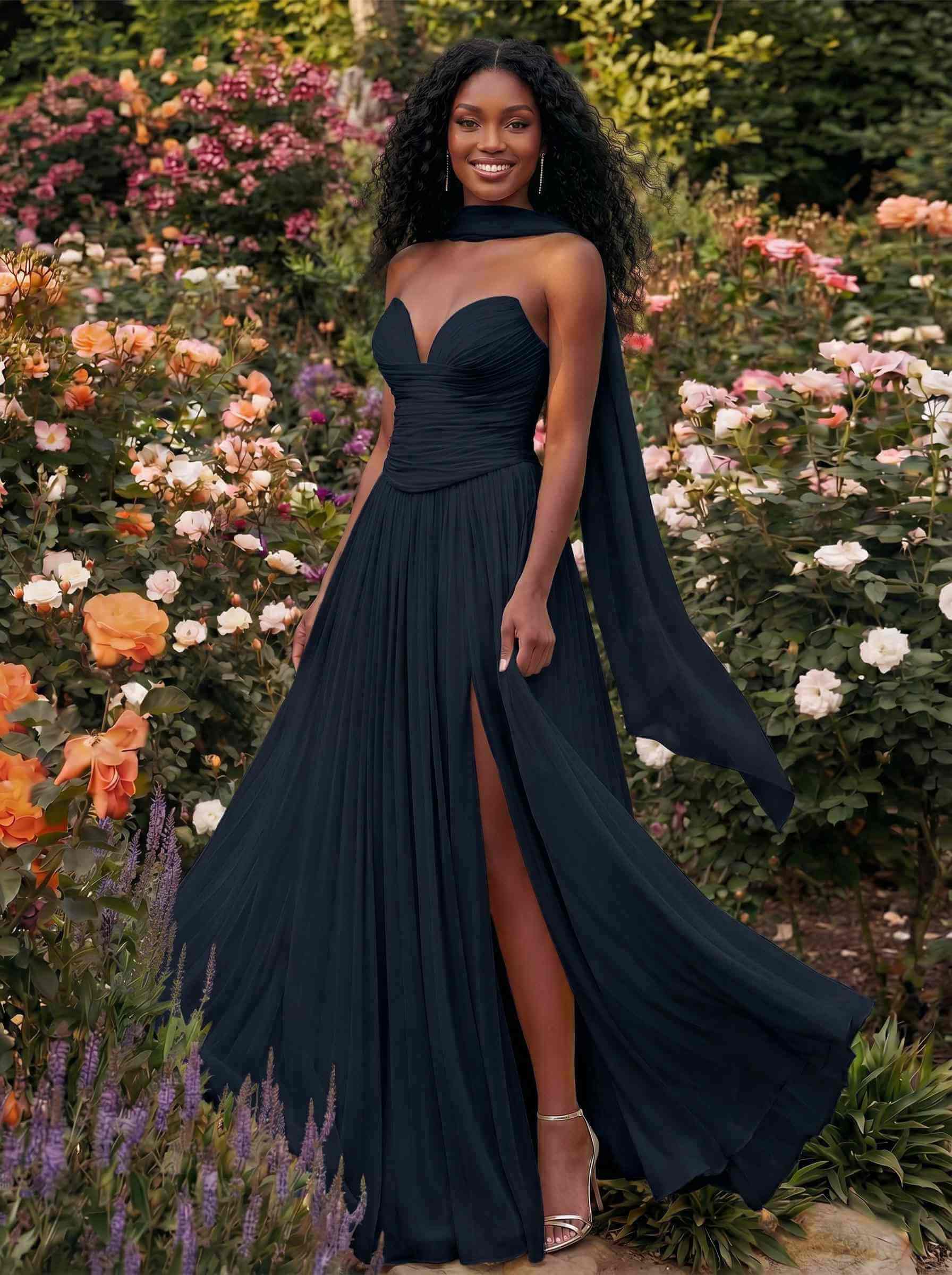 A-Line Strapless Sweep Train Chiffon Bridesmaid Dresses With Pleated/High Split, product image 4