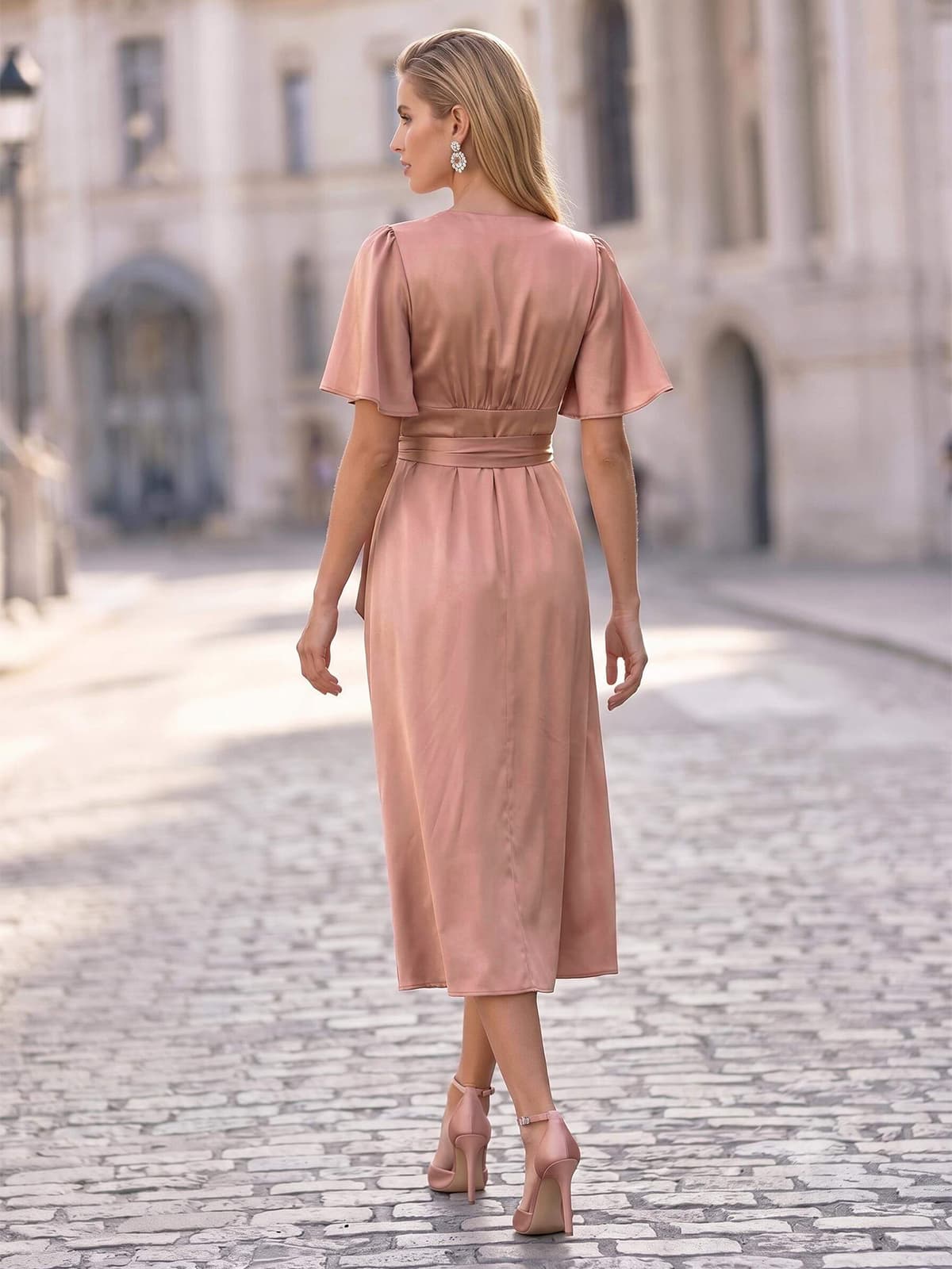 A-Line V-Neck Short Sleeves Tea-Length Silk Like Satin Evening Dresses With Split Front/Sash, supplier image 2