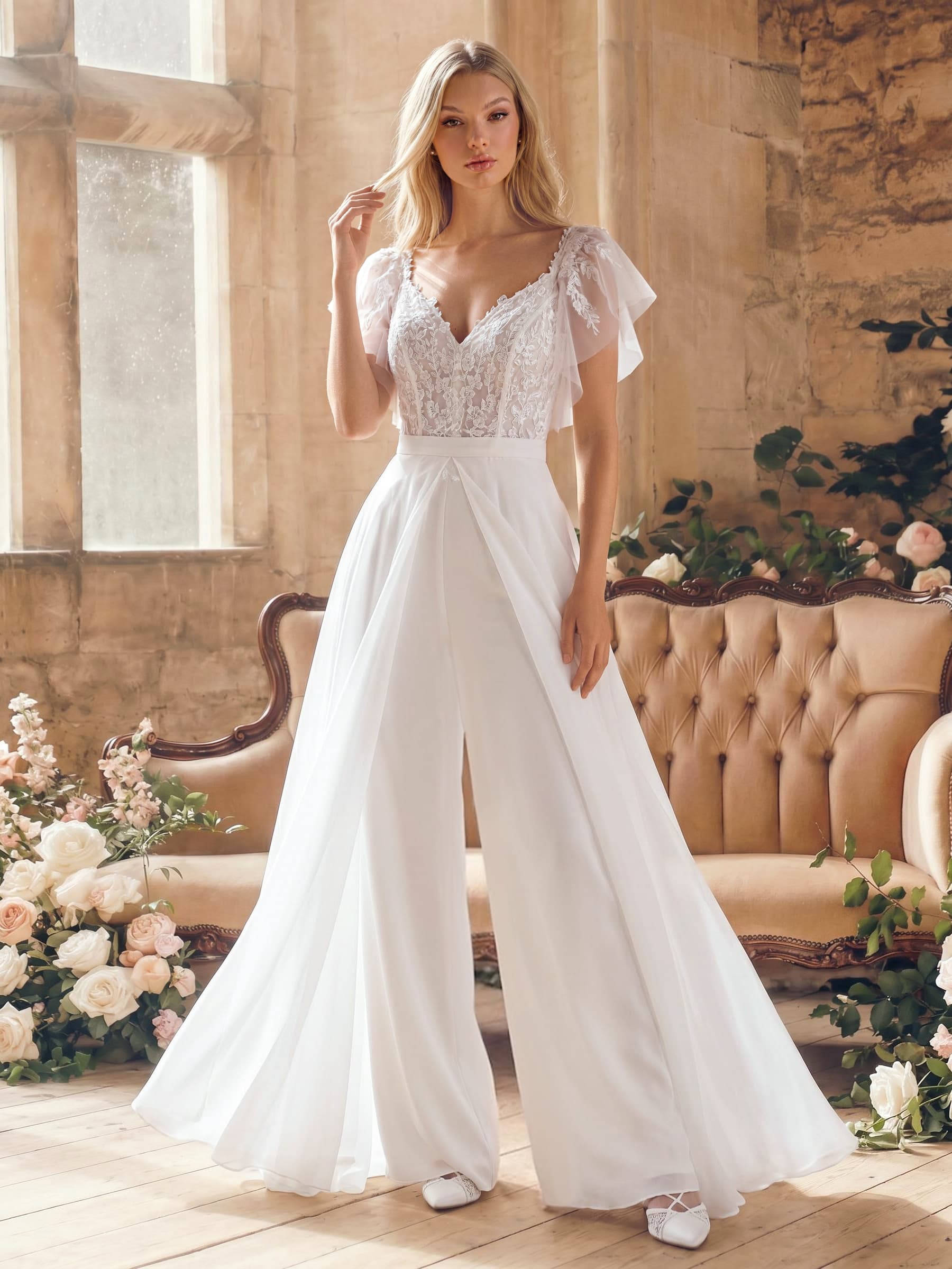Jumpsuit/Pantsuit Plunge Neck Cape Sleeves Detachable Chiffon Train/Lace Wedding Dresses, image 1