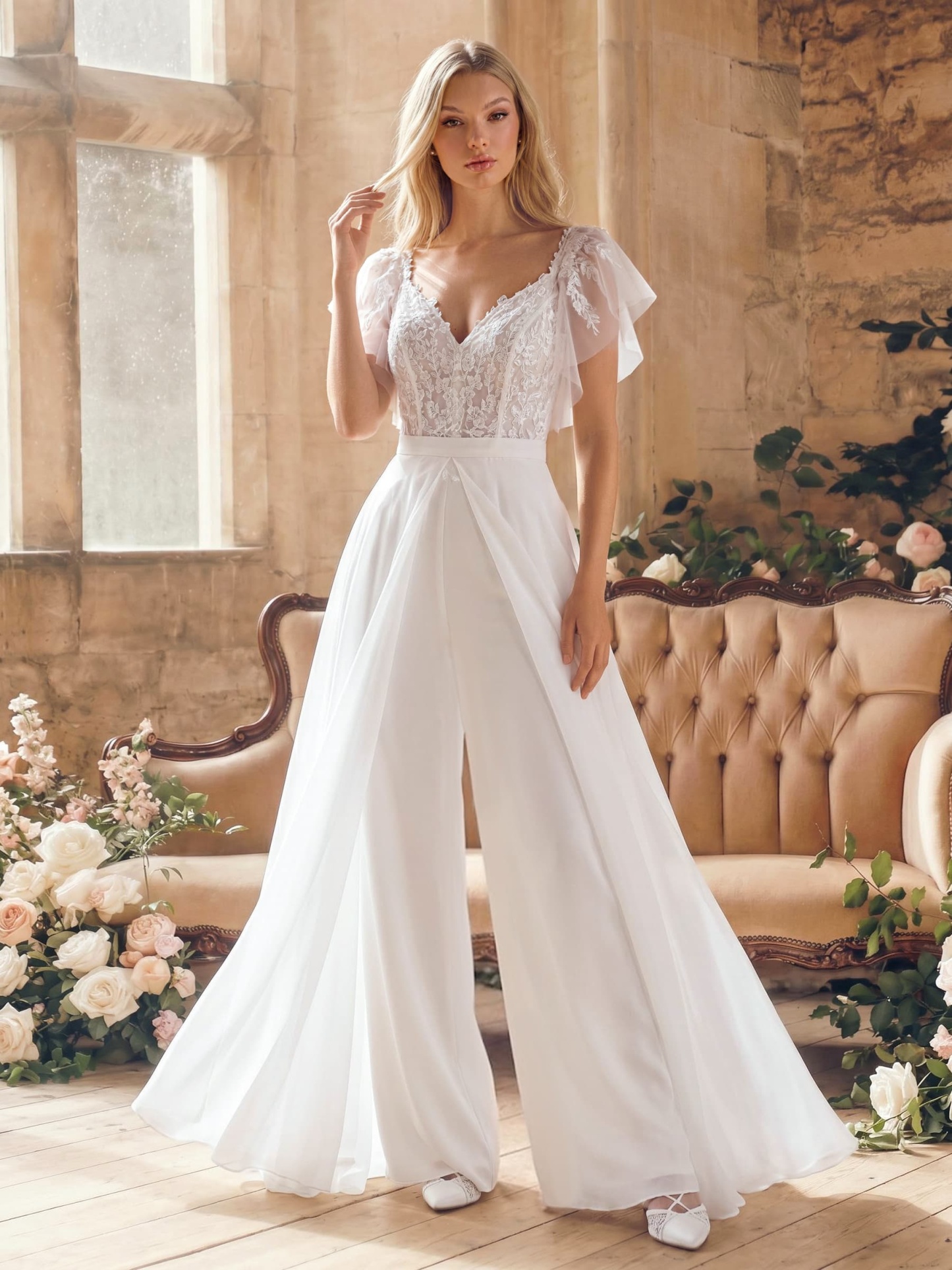 Jumpsuit/Pantsuit Plunge Neck Cape Sleeves Detachable Chiffon Train/Lace Wedding Dresses in Ivory, US2
