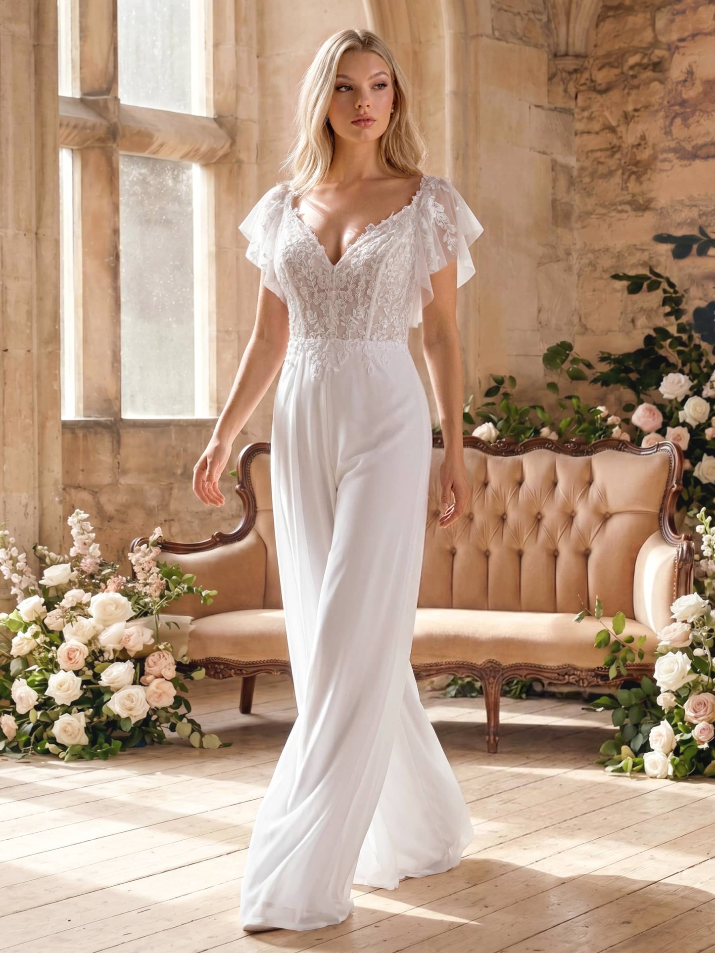 Jumpsuit/Pantsuit Plunge Neck Cape Sleeves Detachable Chiffon Train/Lace Wedding Dresses, image 3
