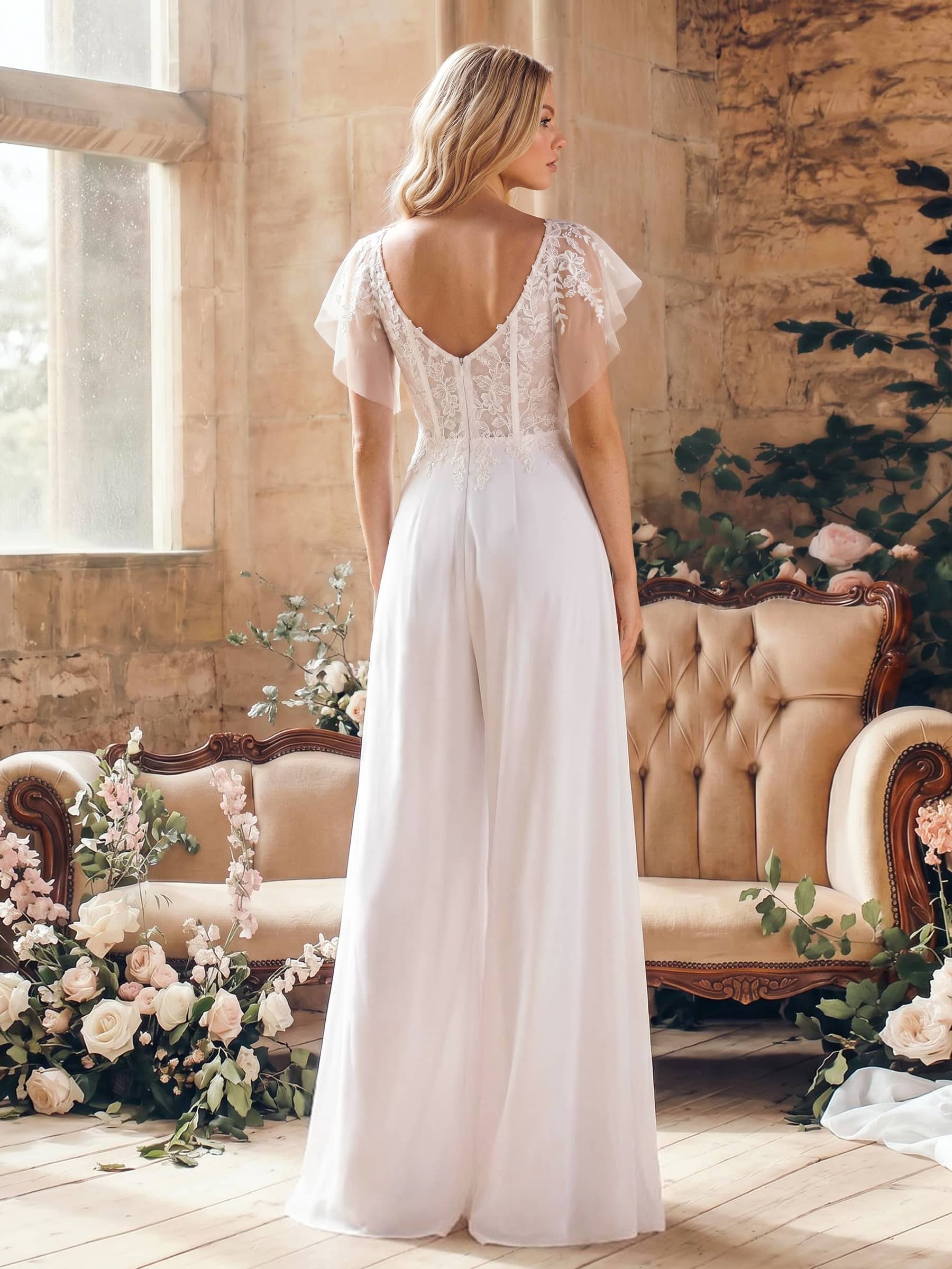 Jumpsuit/Pantsuit Plunge Neck Cape Sleeves Detachable Chiffon Train/Lace Wedding Dresses, image 4