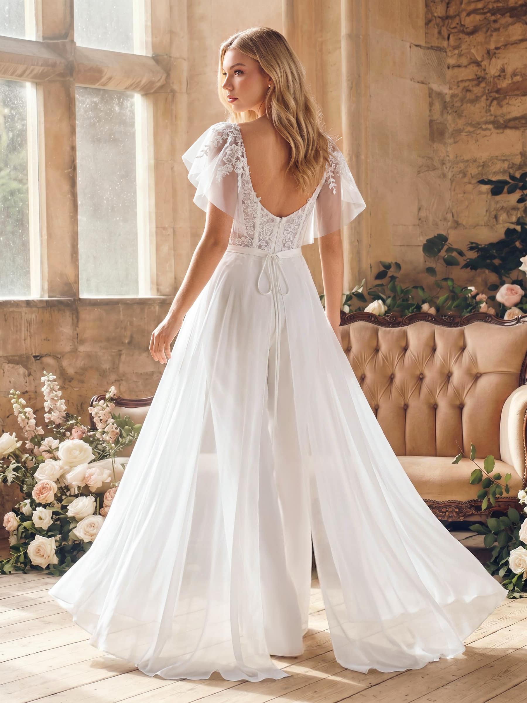 Jumpsuit/Pantsuit Plunge Neck Cape Sleeves Detachable Chiffon Train/Lace Wedding Dresses, image 2