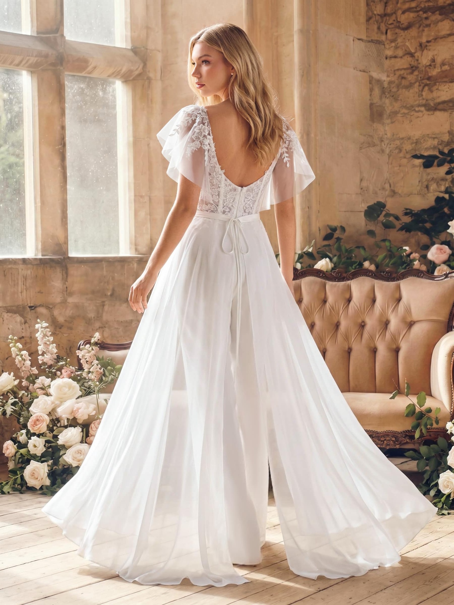 Jumpsuit/Pantsuit Plunge Neck Cape Sleeves Detachable Chiffon Train/Lace Wedding Dresses, image 2