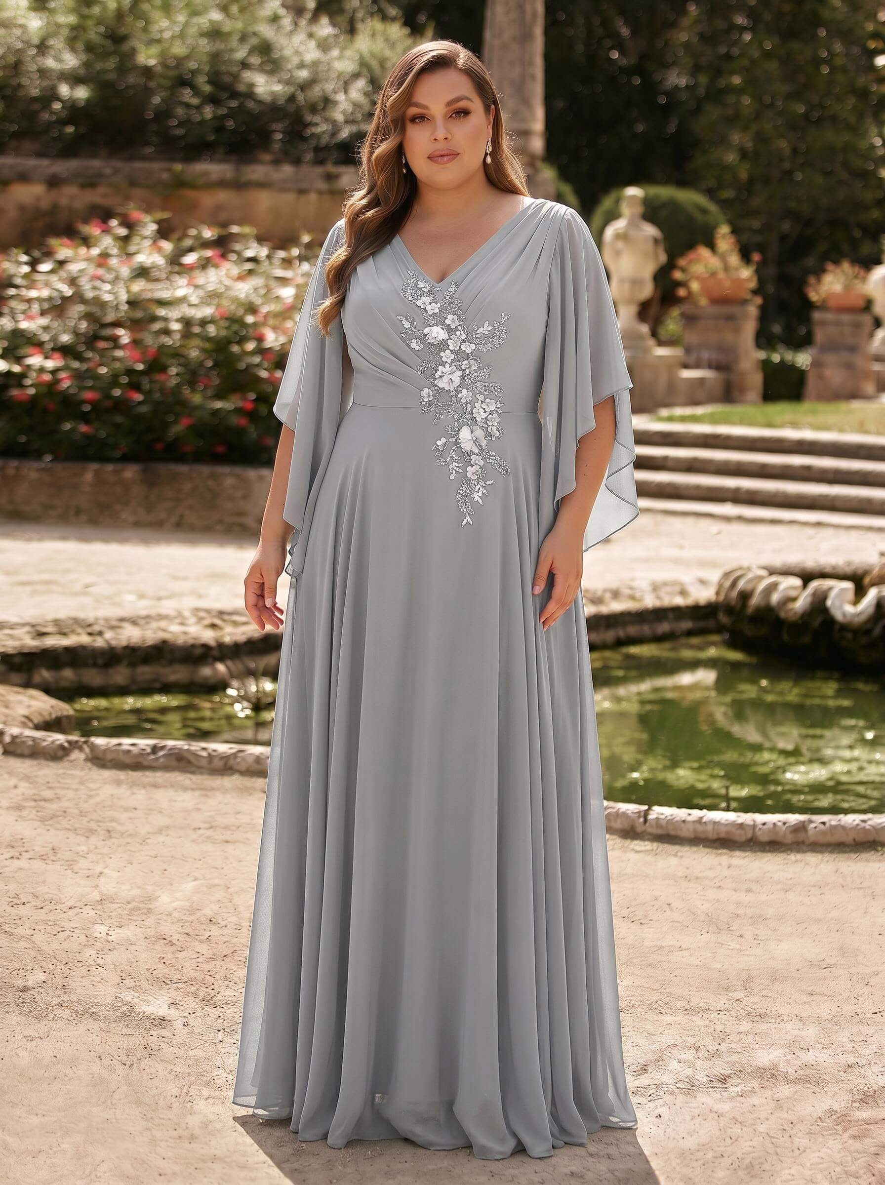 A-Line V-Neck 1/2 Sleeves Floor-Length Chiffon Mother Of The Bride Dresses With Appliques Lace