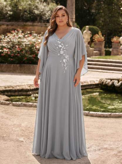 A-Line V-Neck 1/2 Sleeves Floor-Length Chiffon Mother Of The Bride Dresses With Appliques Lace