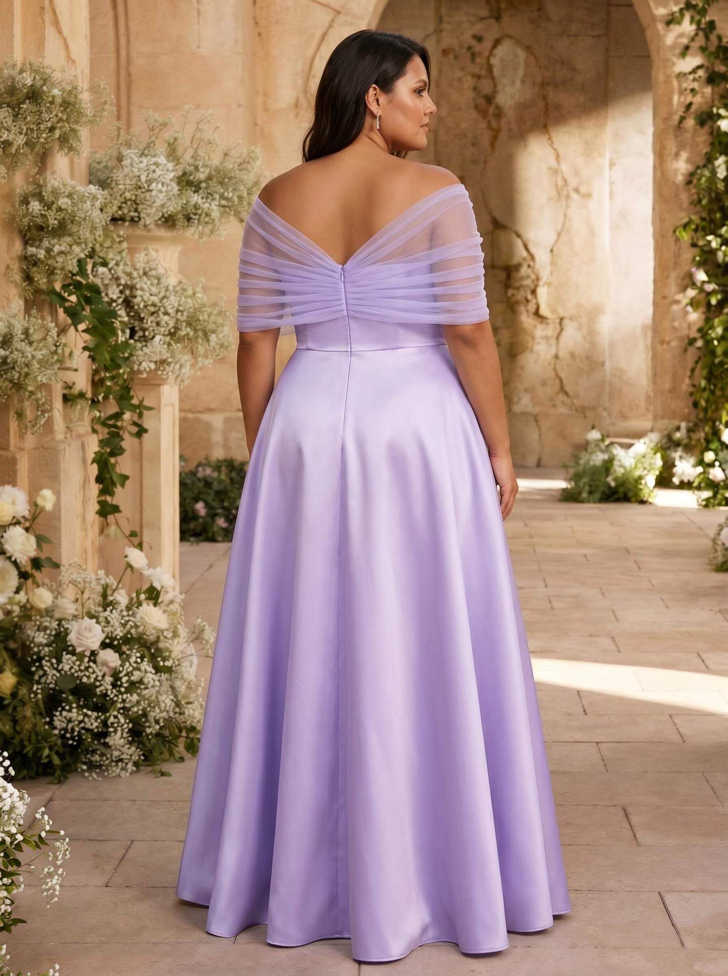 A-Line Asymmetrical Short Sleeves Sweep Train Satin Tulle Bridesmaid Dresses With Sweeping Side Drape, product image 139