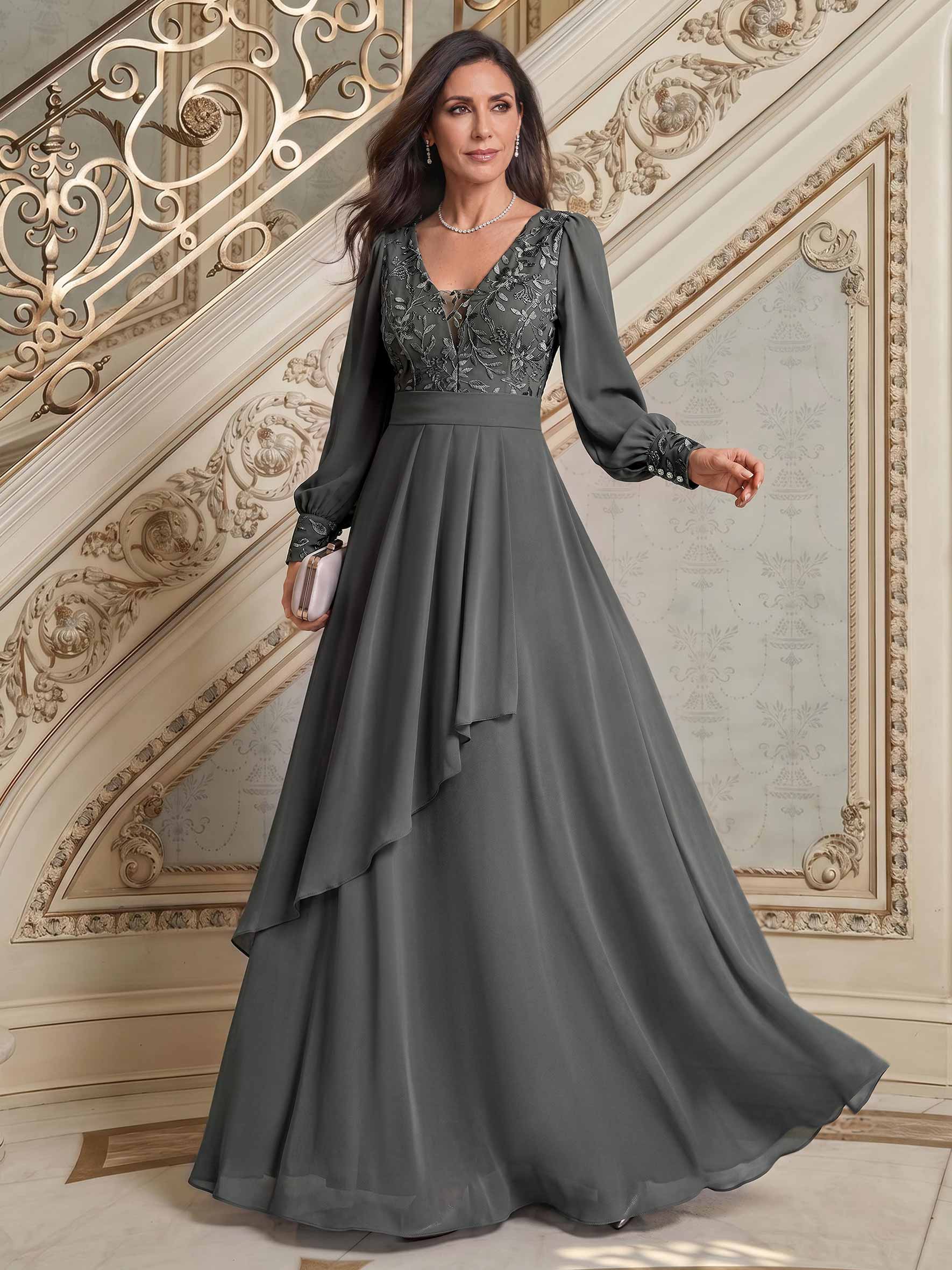Elegant A-Line V-Neck Long Sleeves Floor-Length Chiffon Mother Of The Bride Dresses in Steel Grey, US2