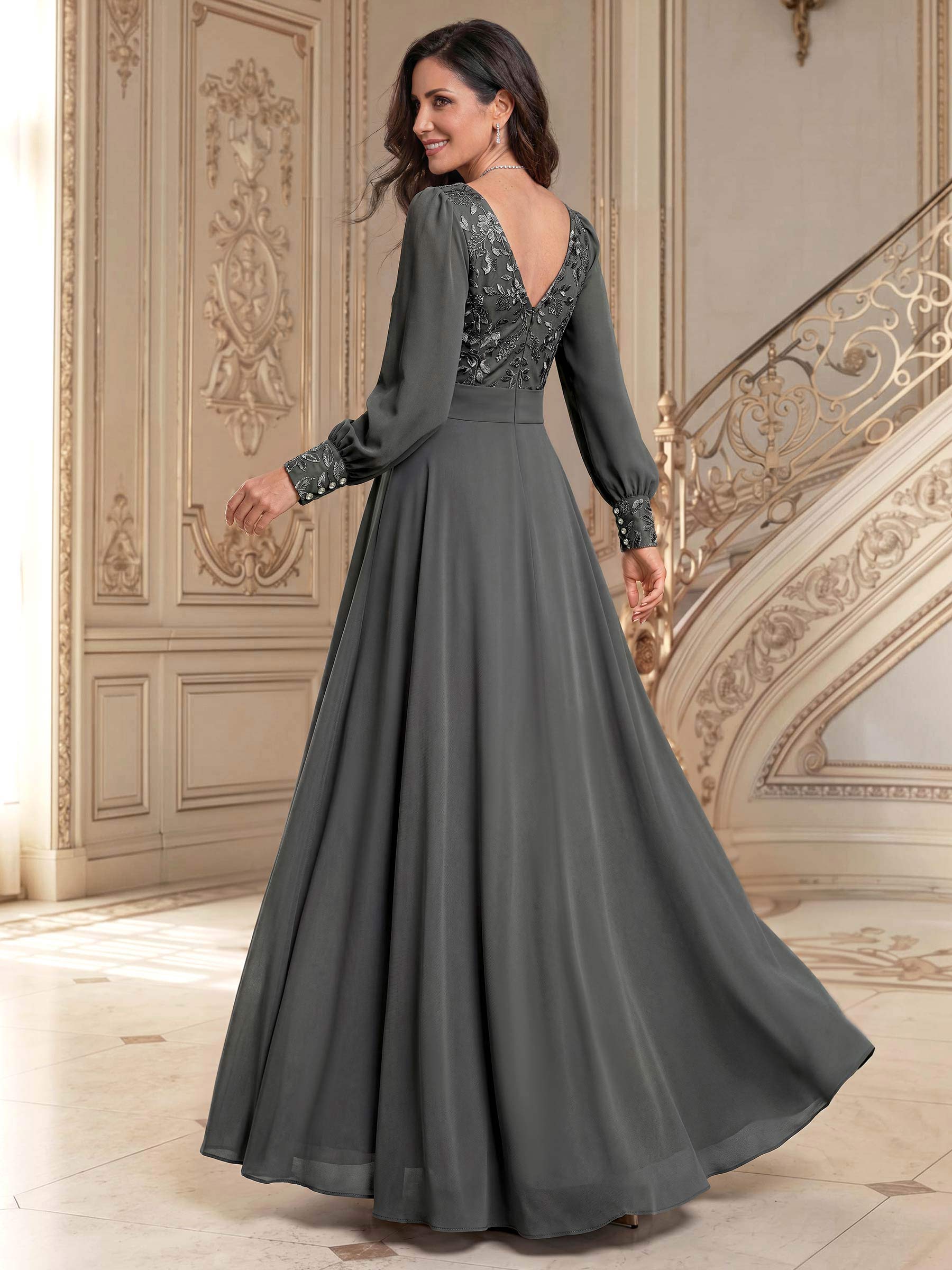 Elegant A-Line V-Neck Long Sleeves Floor-Length Chiffon Mother Of The Bride Dresses, image 2