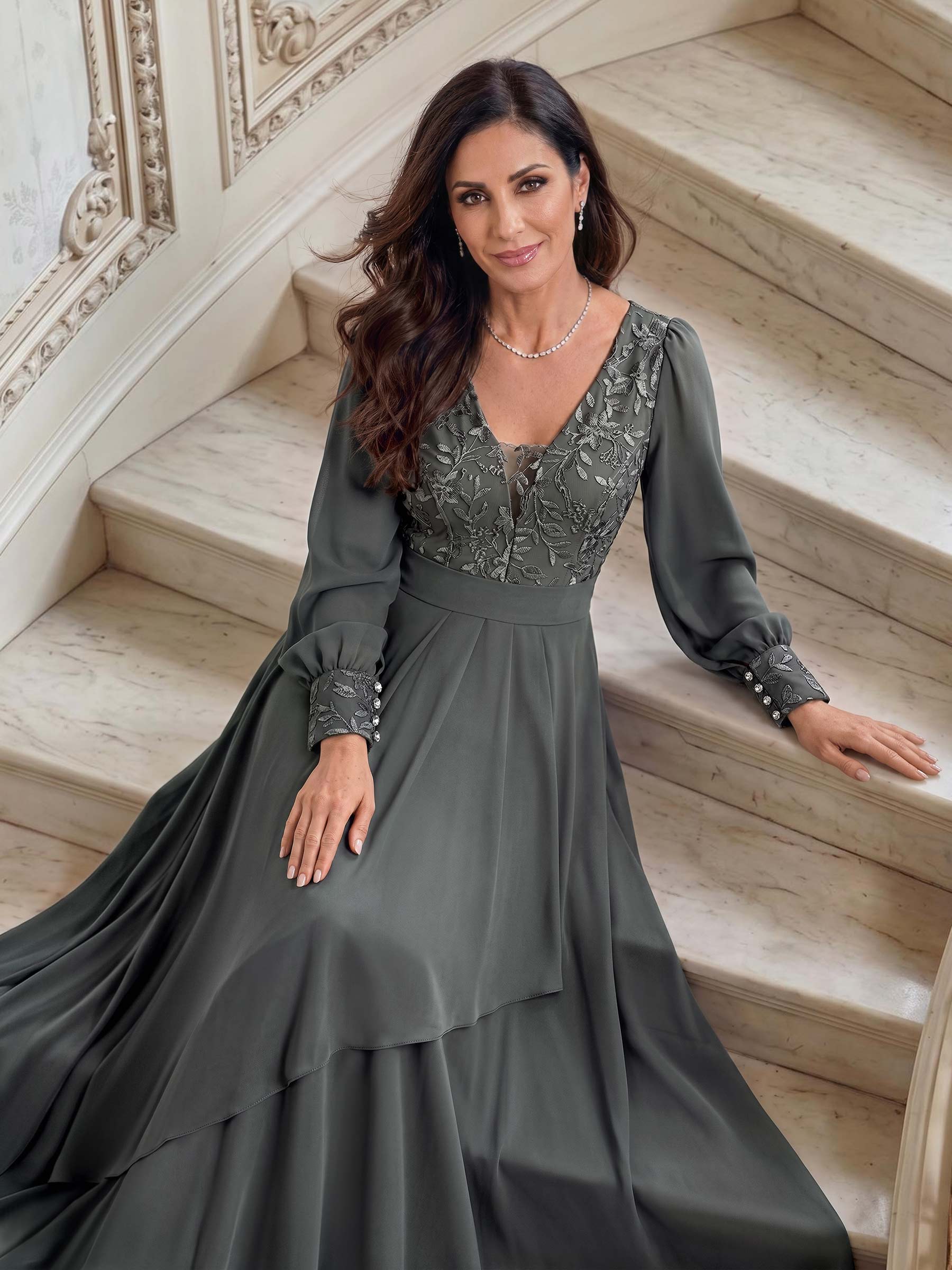 Elegant A-Line V-Neck Long Sleeves Floor-Length Chiffon Mother Of The Bride Dresses, image 3